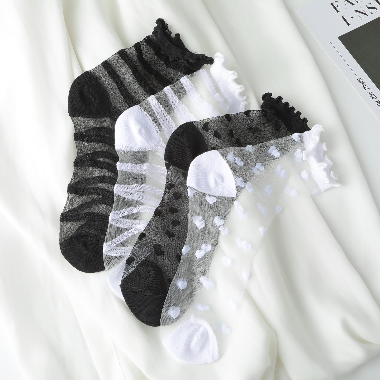 4Pairs Sheer Ankle Socks Women, See Through Ruffle Socks Ultra Thin Lace See Through Sock Cute Heart Striped Transparent Sock for Women Girls