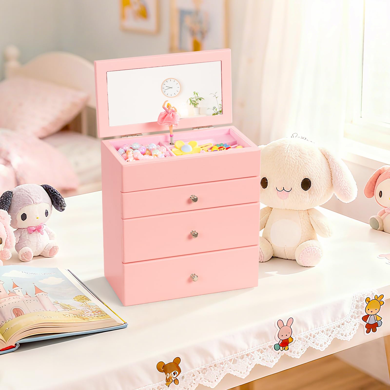 Musik-Schmuckkästchen für Mädchen aus Holz mit Ballerina & Spiegel, 4-lagige Schmuckaufbewahrung mit 3 Schubladen für Ringe, Armband & Halskette, Rosa Schmuckschatulle Geschenk