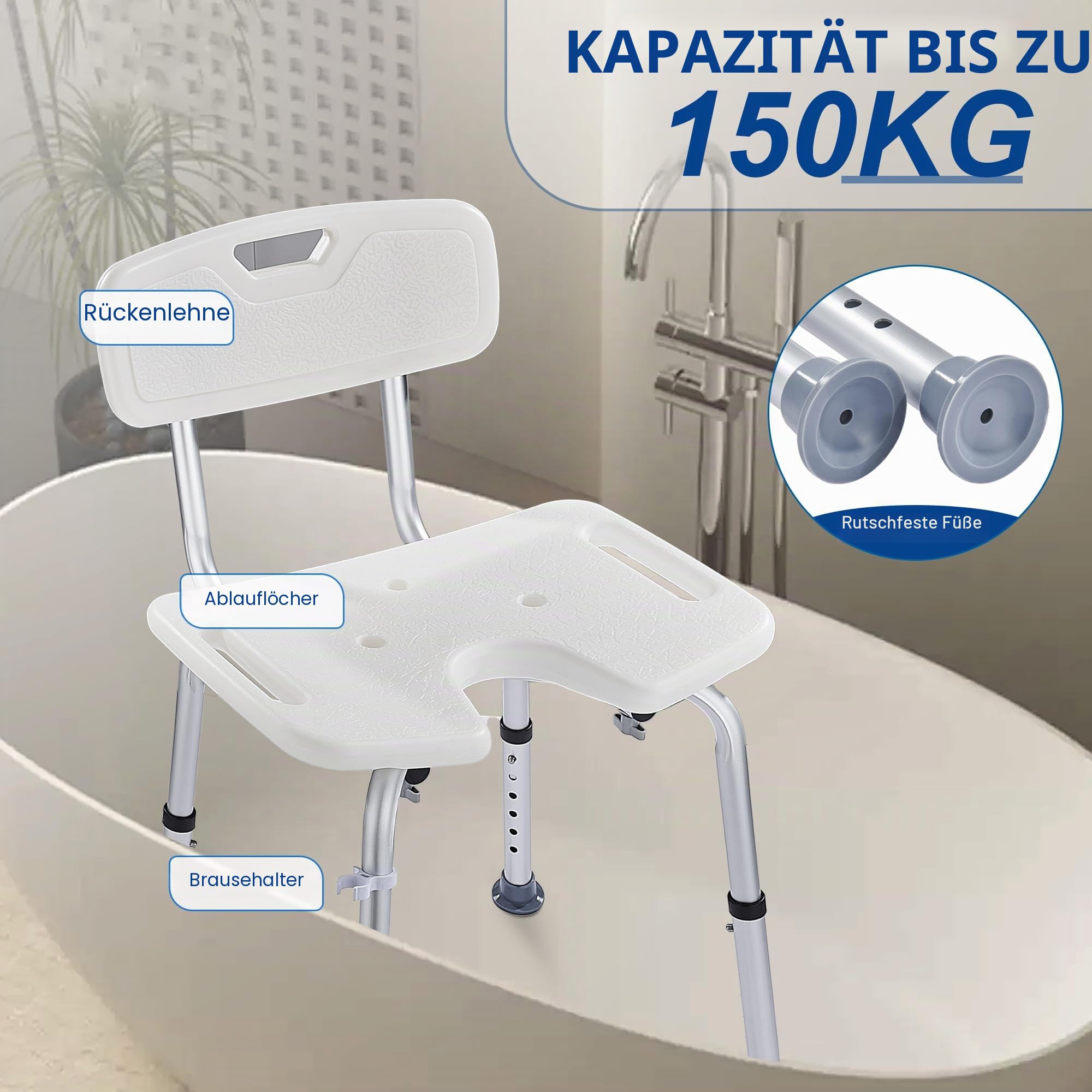 Duschhocker Höhenverstellbar 38.5-51cm mit Abnehmbarer Rückenlehne, Duschstuhl für Senioren rutschfeste Gummifüße Duschhilfe, Duschsitz für Dusche Badehocker Badstuhl belastbar bis 150kg