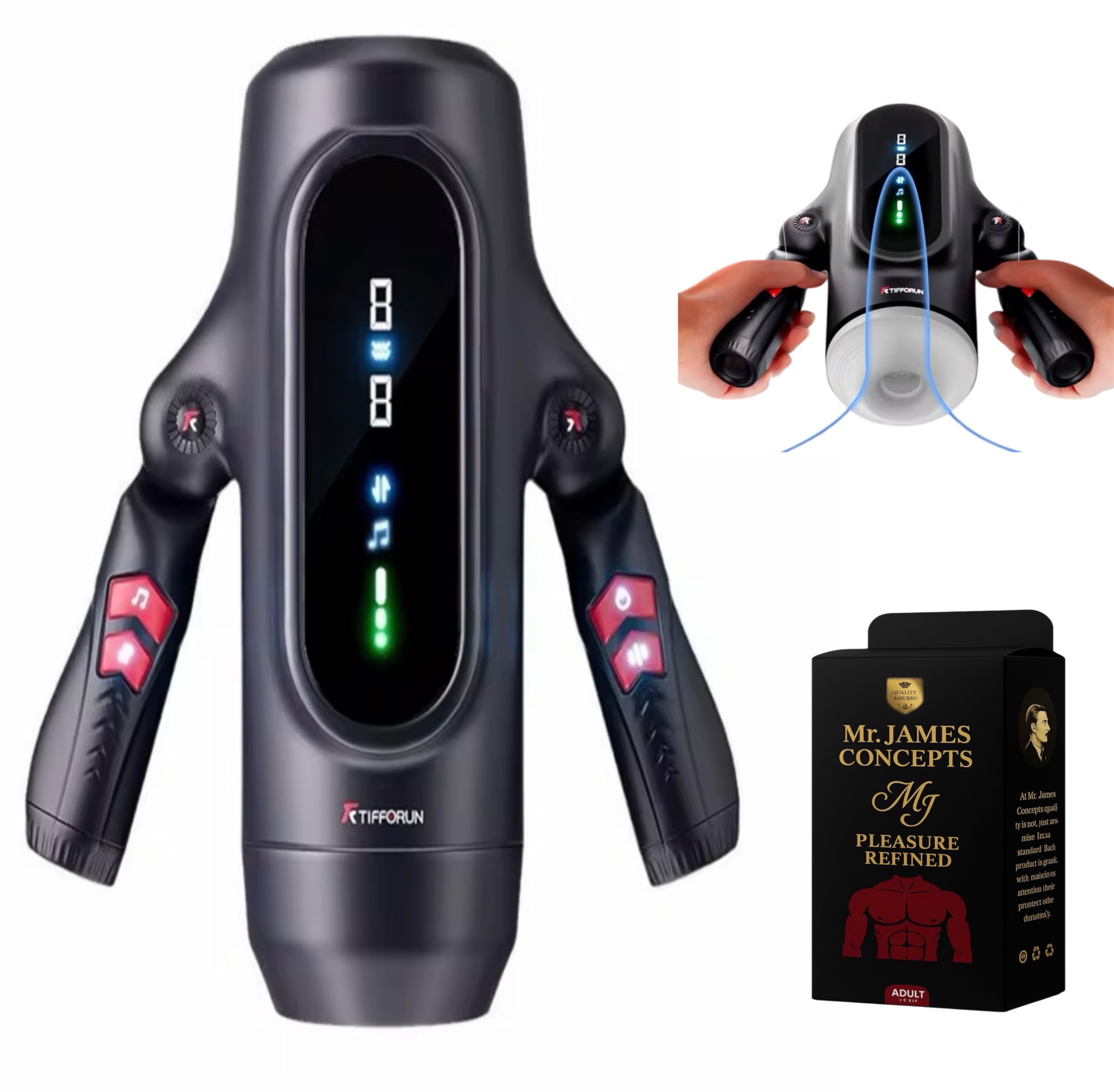Mr. James Concepts – King K – Masturbatore maschile telescopico completamente automatico with riscaldamento, Actress Voice & LCD display – 10 – velocità ricaricabile USBe Penis Massage Machine