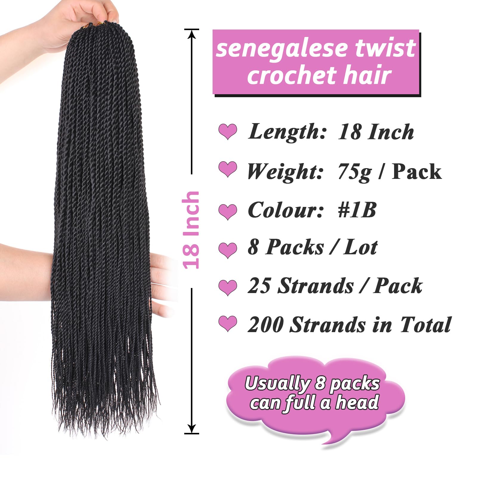 Samtress 18 Inch 8 Paks Mini Senegalese Twist Crochet Hair Black Prelooped Crochet Hair Synthetic for Women Hot Water Setting Crochet Twist Braids Hair 25strands/pack (#1B) - Image 2