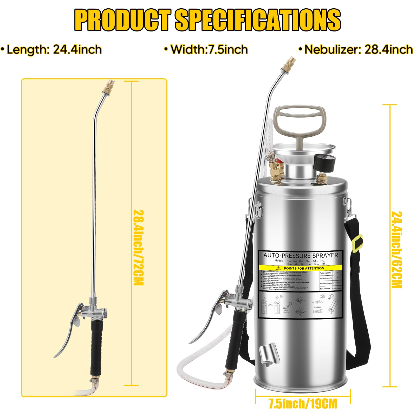 Drucksprüher 10L Edelstahl – Handspritze mit Manometer, Verstellbarer Messingdüse, für Garten, Rasen, Desinfektion & Reinigung