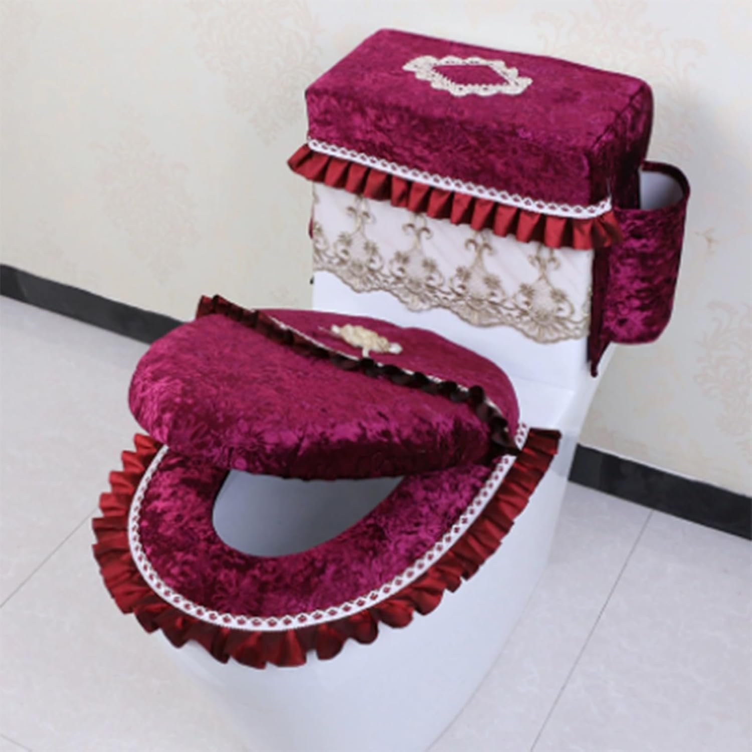 3PCS Toilet Seat Cover Set,Velvet Embroidery Lace Toilet Mat with 2 Pockets,Embroidered Bathroom Decor,Toilet Seat Cover/Lid Cover/Tank Cover Set(Red)