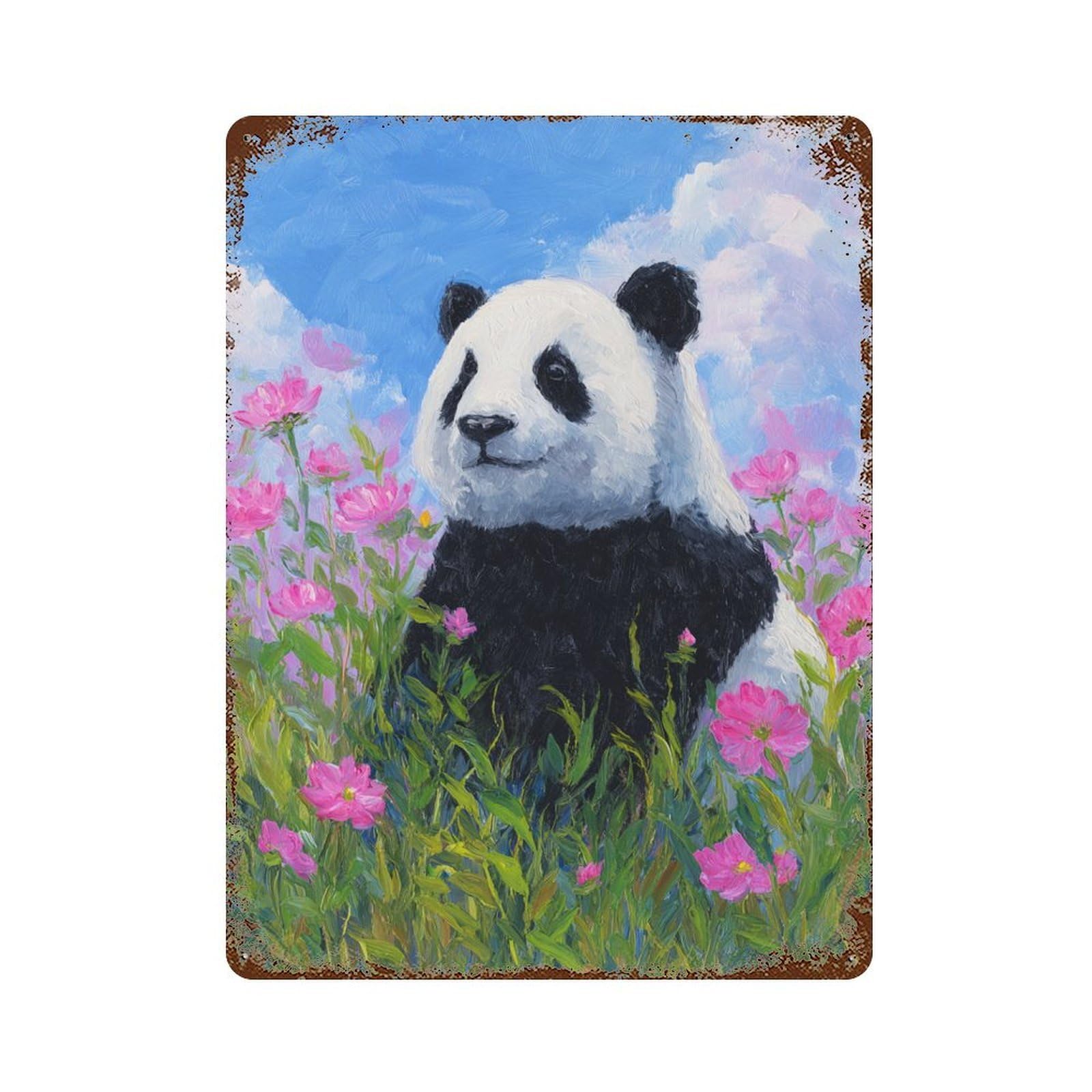 Garage Style Panda in Flowers Oil Painting Distressed Metal Wall Sign 15.7"x11.8", Farmhouse Wall Decor for Bar And Workshop