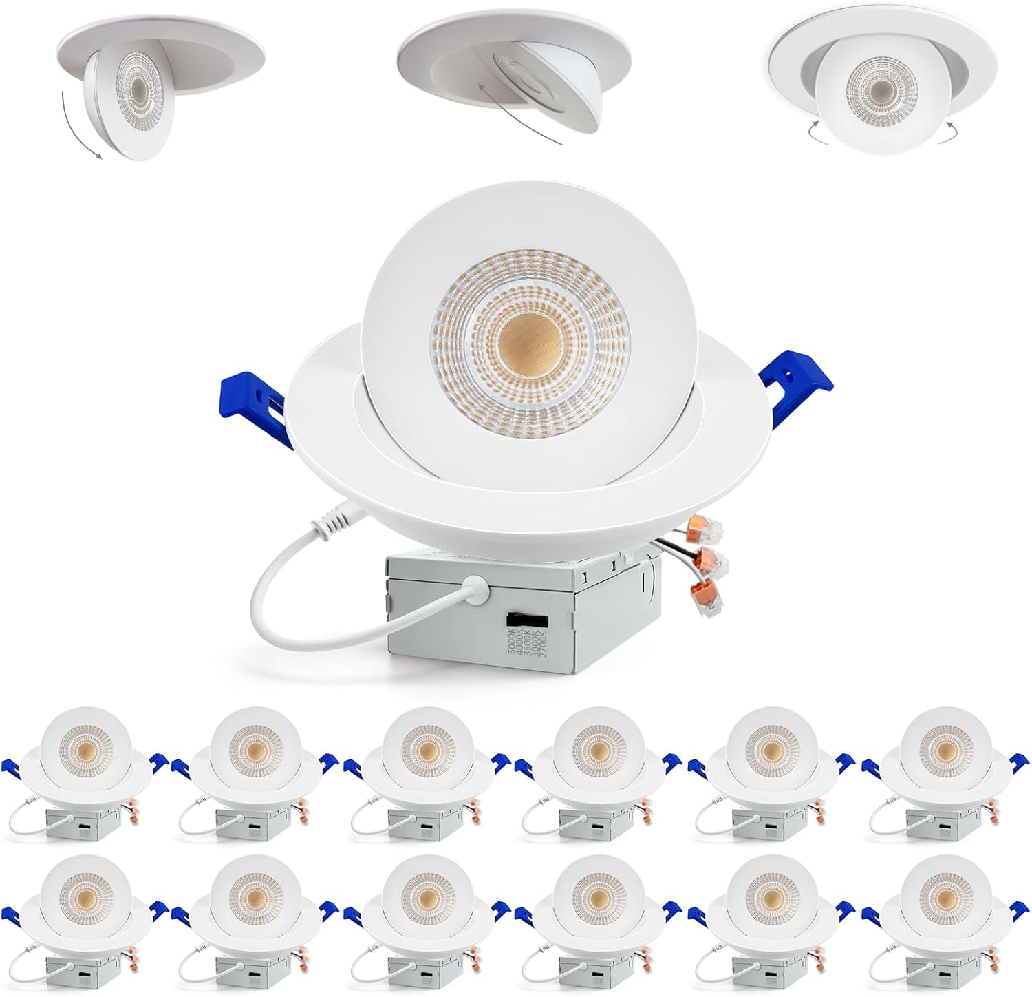 Adetu Recessed Lighting 6 inch, 360°+90° Adjustable Directional 6 inch Gimbal Led Recessed Light, 2700K-5000K 5CCT Dimmable Retrofit Eyeball Can Recessed Lights with Jbox, ET (White-12 Pack)