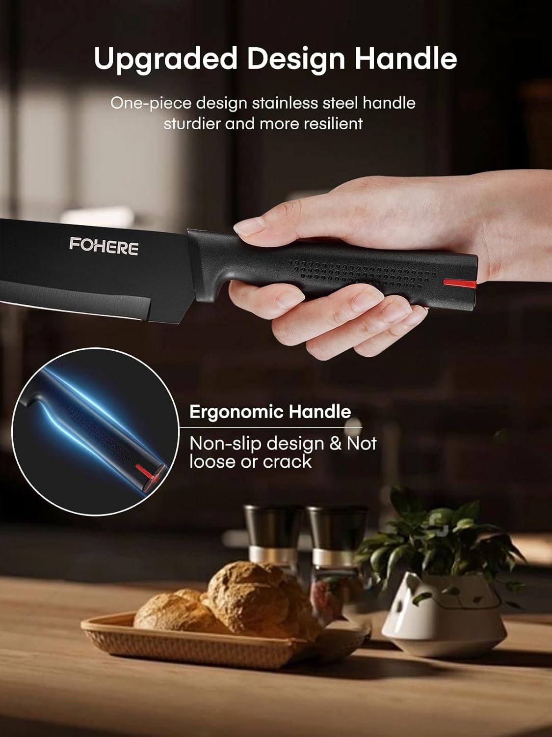 FOHERE 13 Pieces Knife Set with Block Stainless Steel Knive Sets for Kitchen with Built-in Sharpener Sharp Black Kitchen Knife Block Set with Anti-slip Handle,Black