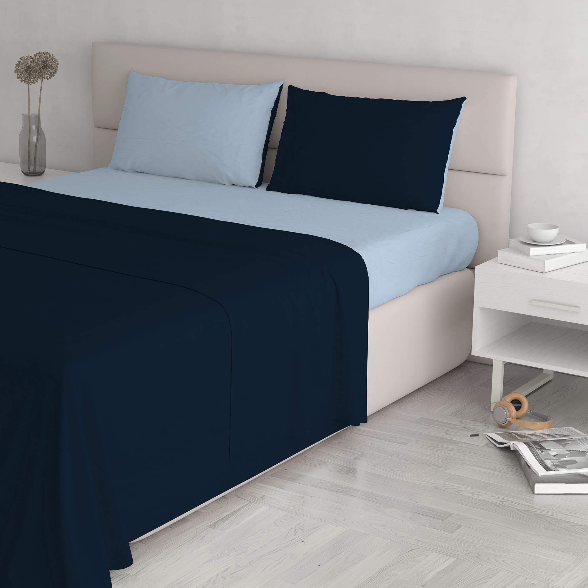 Italian Bed Linen “ Natural Color” Bed Linen Set, Dark Blue/Light Blue, Double