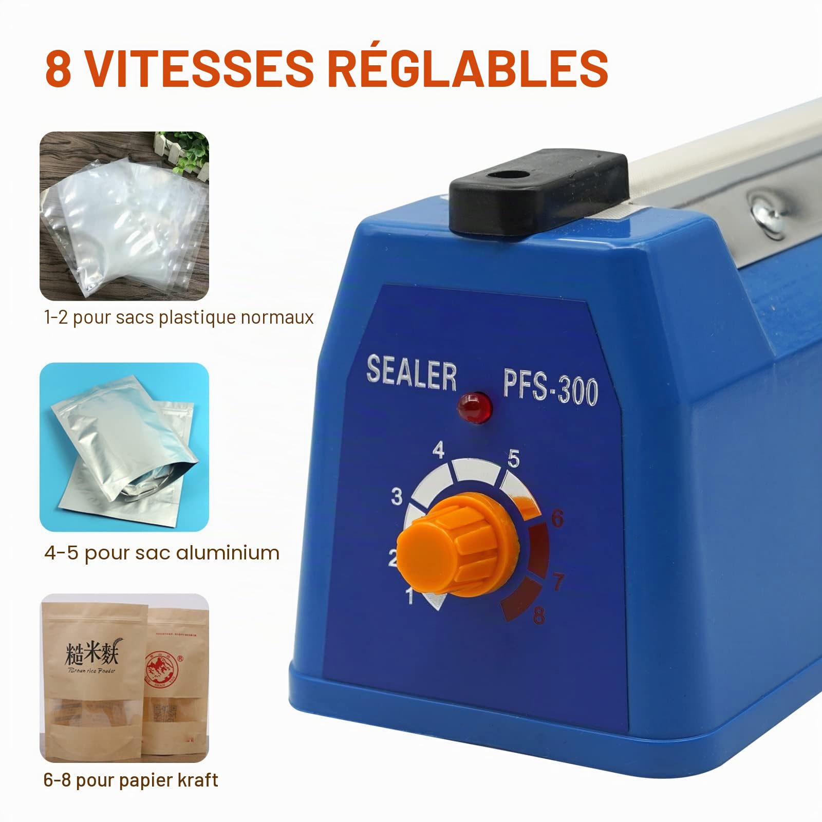 Thermoscelleuse Machine 300mm pour Sacs en Plastique PP PE Sachets Portable Scellant à Feuille 220V Impulse Bag Heat Sealer Joint 3mm Large avec Contrôle de la Température à 8 Vitesses