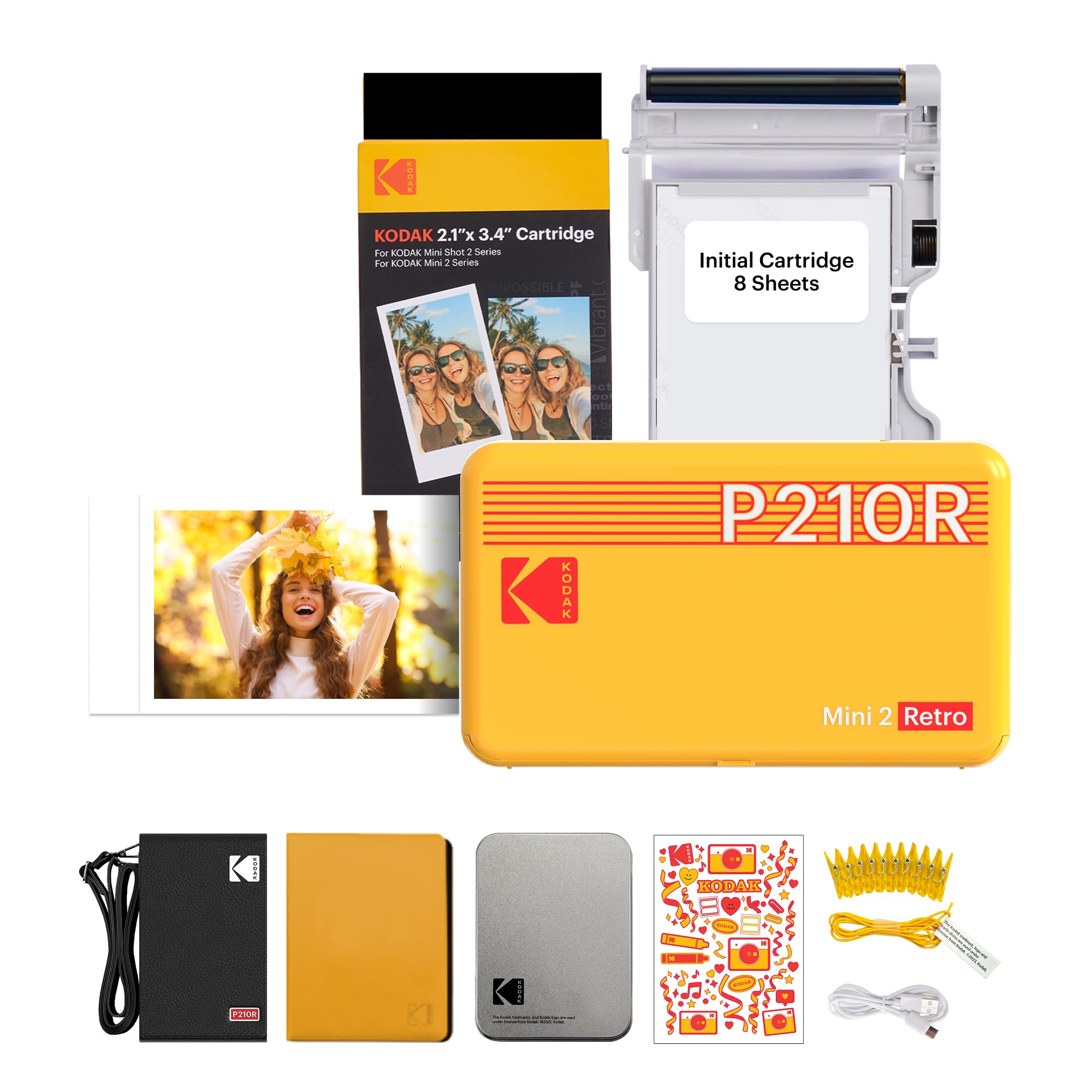 KODAK Mini 2 Retro 4PASS Portable Photo Printer (2.1x3.4 inches) Initial 8 Sheets + 60 Sheet Pack, Gift Bundle, Yellow
