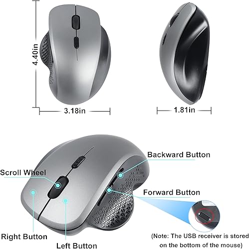 Miniatura 10 de Ratón inalámbrico vertical ergonómico Bluetooth recargable óptico de modo dual inalámbrico con 3 DPI (800-1200-1600), cómodo y silencioso portátil