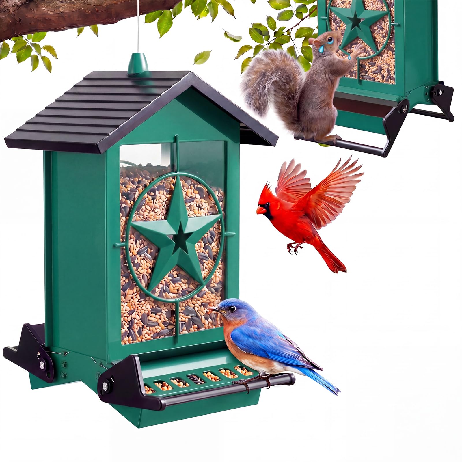 Vogelfutterstation für den Außenbereich, 2,3 kg großes Fassungsvermögen, Metall-Wildvogelfutterstation mit beidseitigen gewichtaktivierten Sitzstangen zum Aufhängen im Freien, Finken, Kardinal