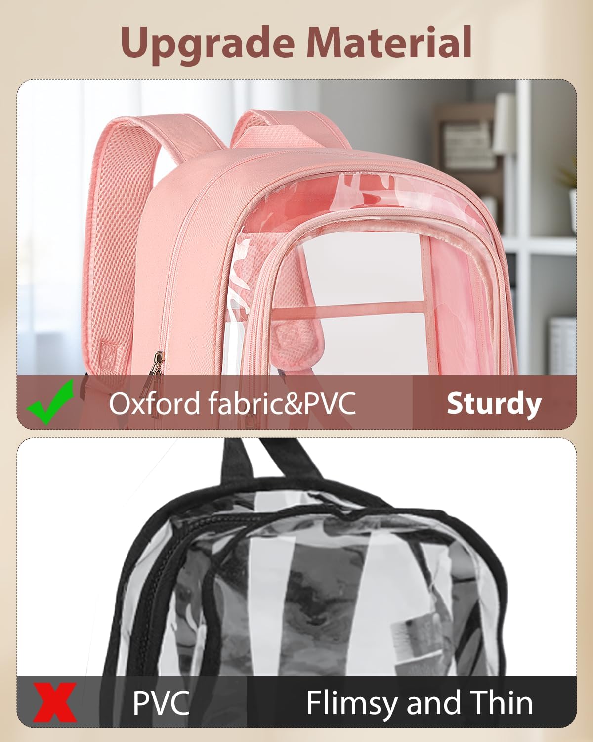 KIMNERPU Clear Backpack, Fabric & PVC Transparent Backpack with Reinforced Strap for Women Men, Heavy Duty Transparent Bookbag, Large Capacity Clear bag, Travel, Security, Pink