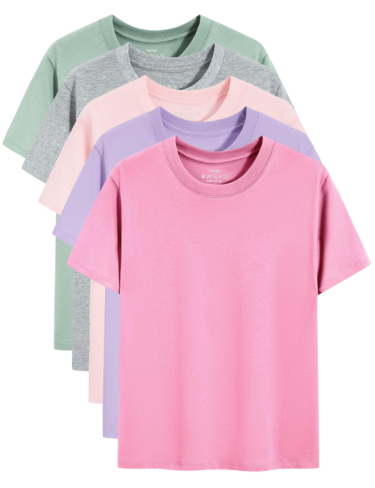 Gihuo Baumwoll-T-Shirts für Mädchen, 5er-Pack, kurzärmelig, weiche Sommer-Tops für Kinder von 5–14 Jahren