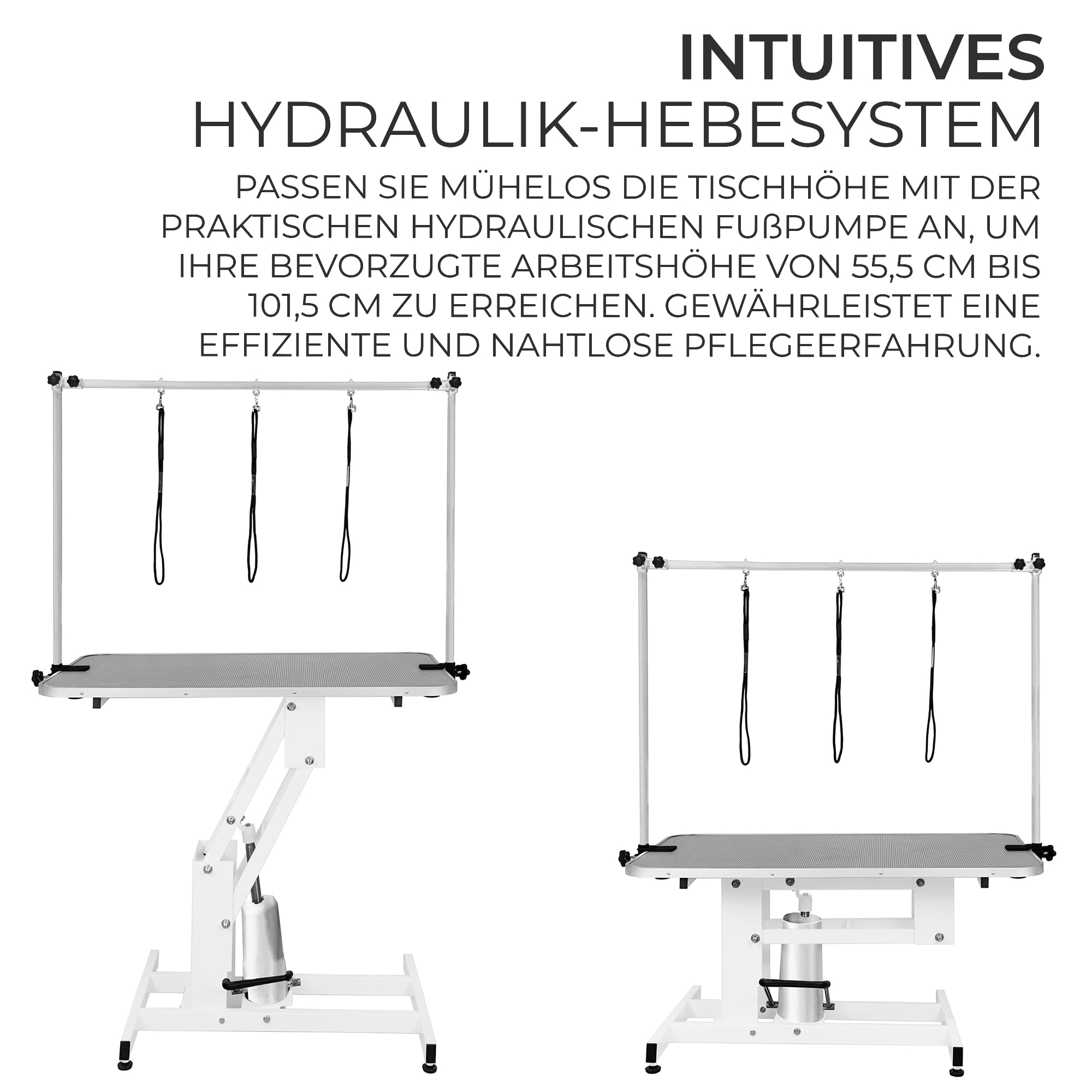 Hydraulischer Hundepflegetisch Höhenverstellbar Profi Trimmtisch | für Tiere bis zu 180kg | 106 x 61cm Gummioberfläche, 4 anpassbare Stallfüße & 3 Schlaufenleinen [Weißer Rahmen & Grauer Tisch]
