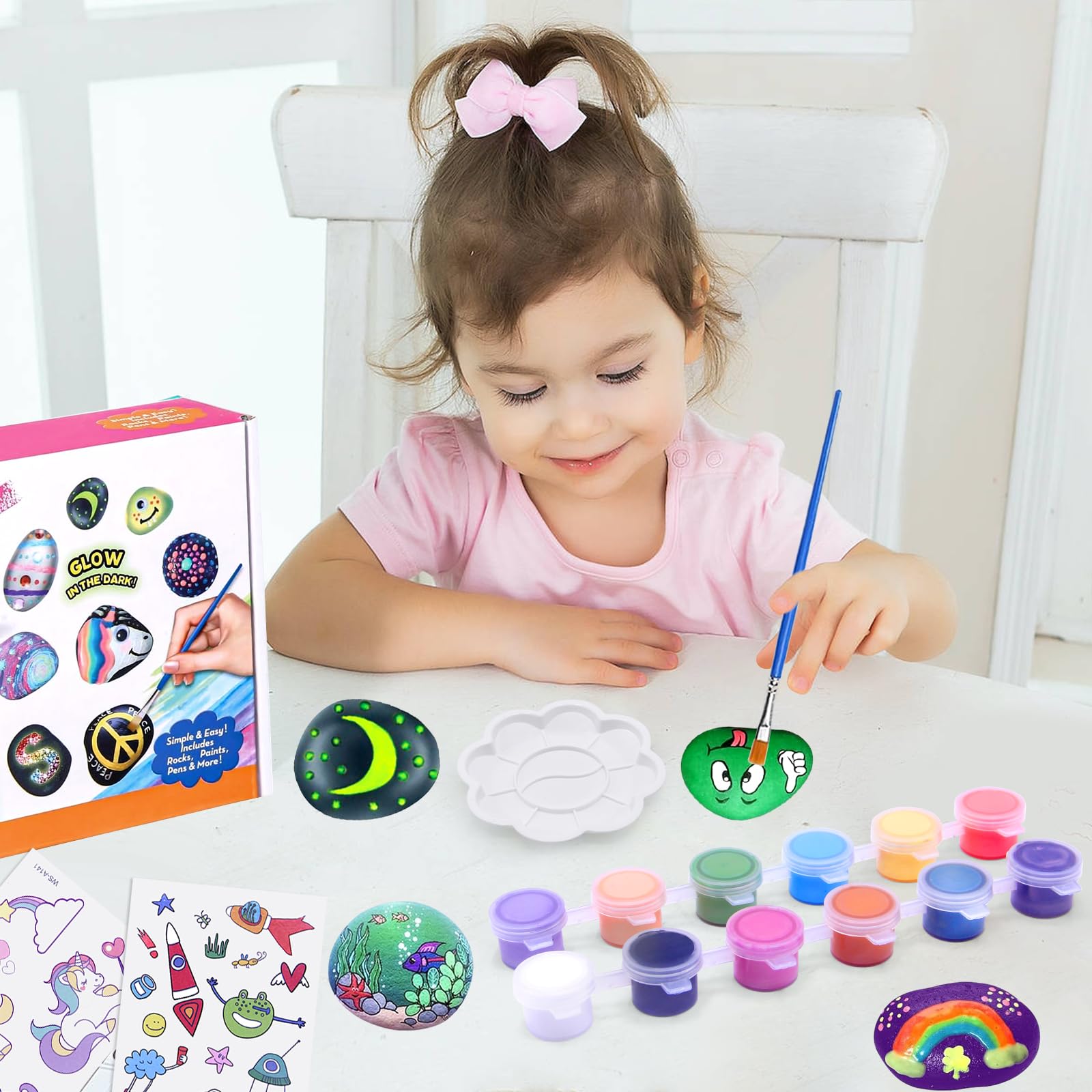 YESLUSY Kit Creativi Pittura di Pietra per Bambini con 18 Pigmenti Colori e Accessori, Regalo di Compleanno, Lavoretti Creativi dai 3 ai 10 Anni