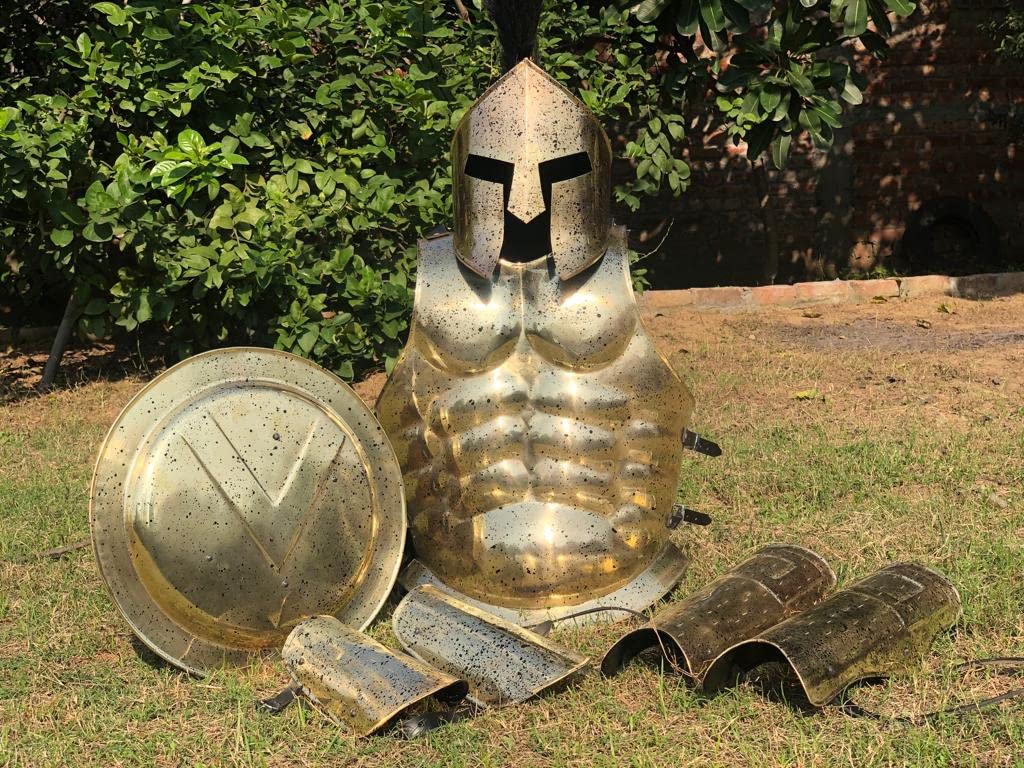 NauticalMart Medieval Roman King Leonidas 300 Spartan Helmet W/Black Plume + Muscle Body Armor Cuirass + Shield + Leg Or Arm Guard Brass Wearable Halloween Costume LARP (Complete Spartan Set)
