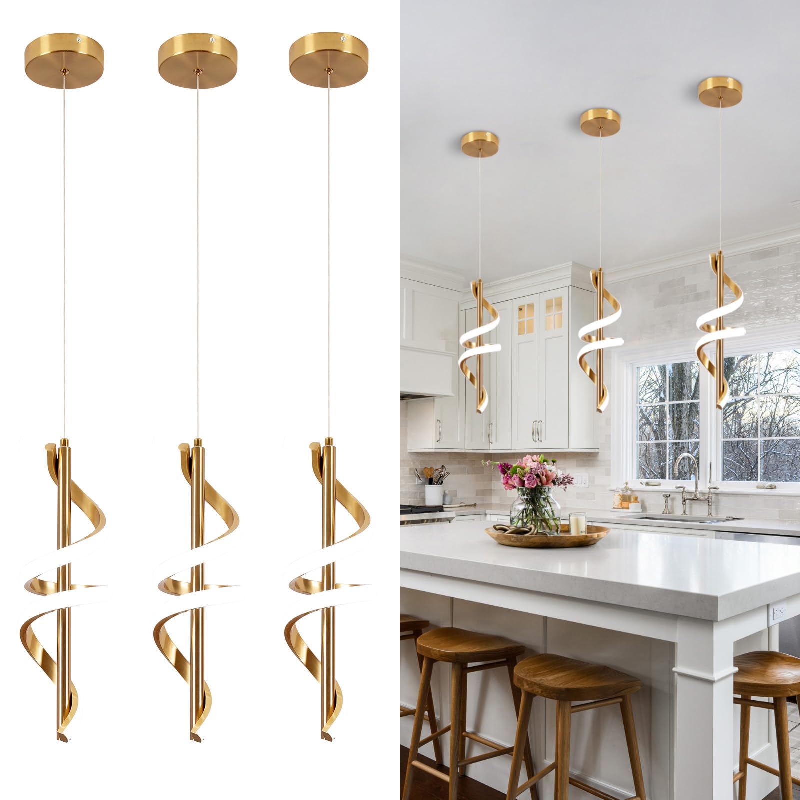 Photo 1 of Vloitgol Spiral Led Pendant Light Fixtures, 5500K Gold Modern Led Pendant Lamp Kitchen Island, Adjustable Height Kitchen Island Lights Fixtures for Kitchen Island Dining Room Bedroom Sink, 3 Packs