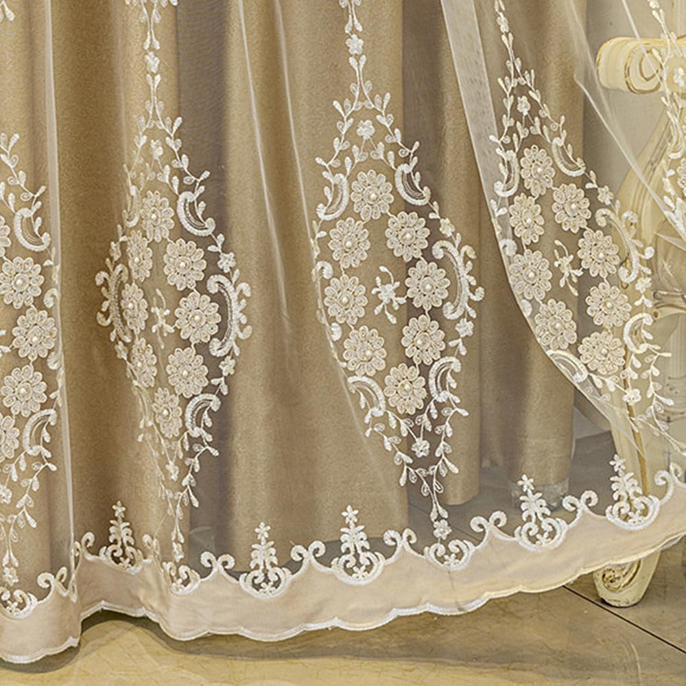 Amidoudou 1 Pair European Double Layer Curtains with Valance for Living Room Bedroom 3D Flower Embroidered Curtains (Gold,51x84 Inch)