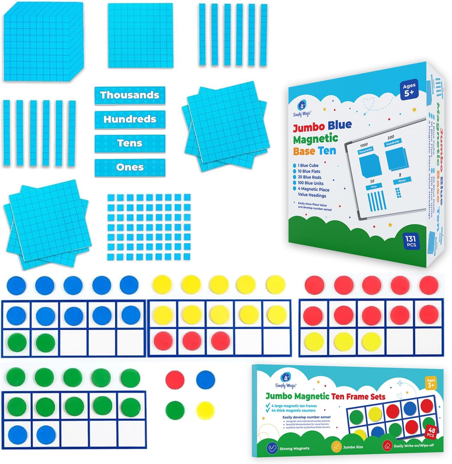 Simply Magic 131+4 PCS Jumbo Blue Magnetic Base Ten Blocks & 48 PCS Magnetic Ten Frames for Math