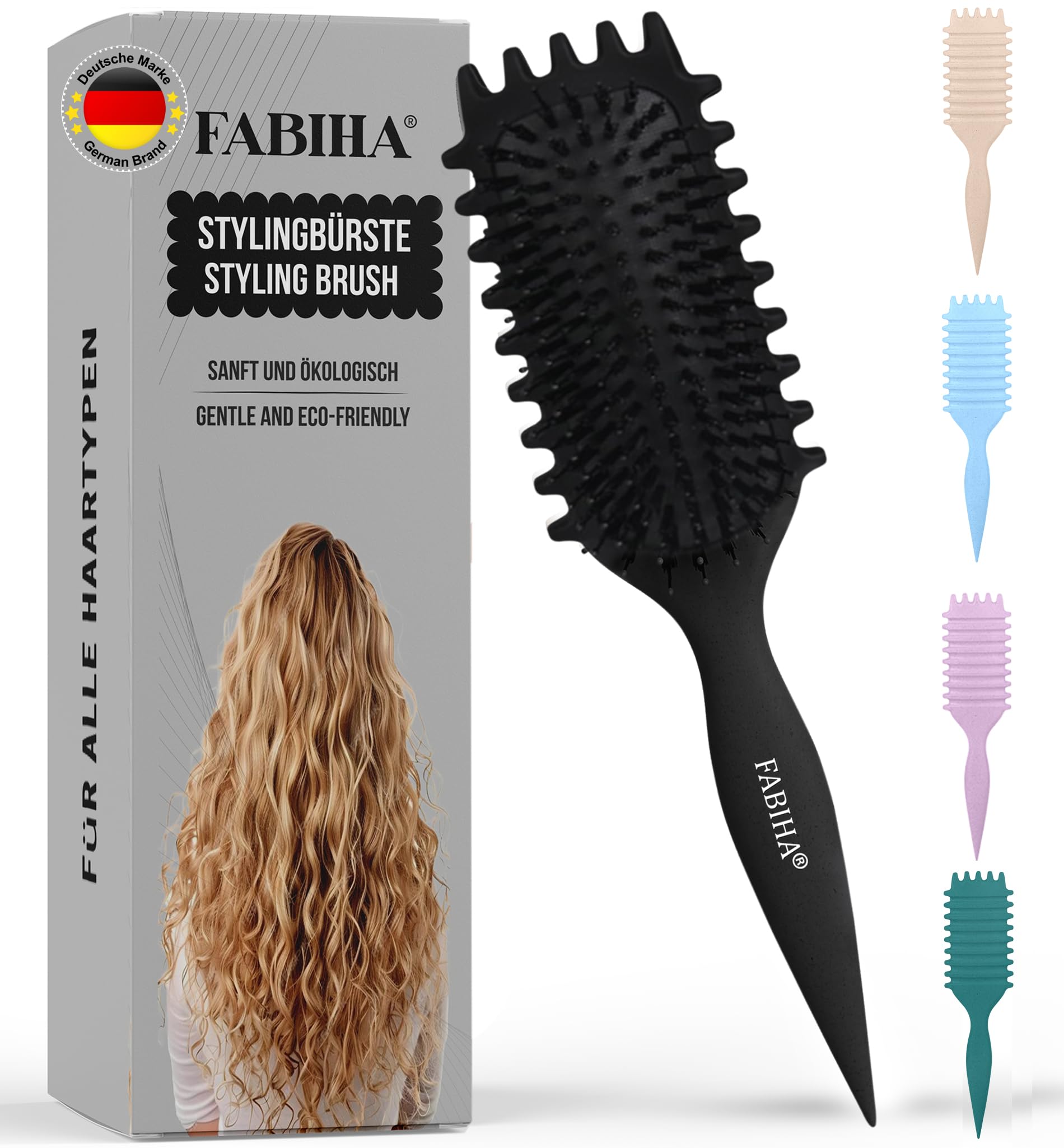 FABIHA® 𝐏𝐑𝐄𝐌𝐈𝐔𝐌 Lockenbürste - curly hair bush - Bio Haarbürste ohne ziepen - Wildschweinborsten Bürste - Die Originale 3-in-1-Stylingbürste für trendige Lockenfrisuren (Schwarz)