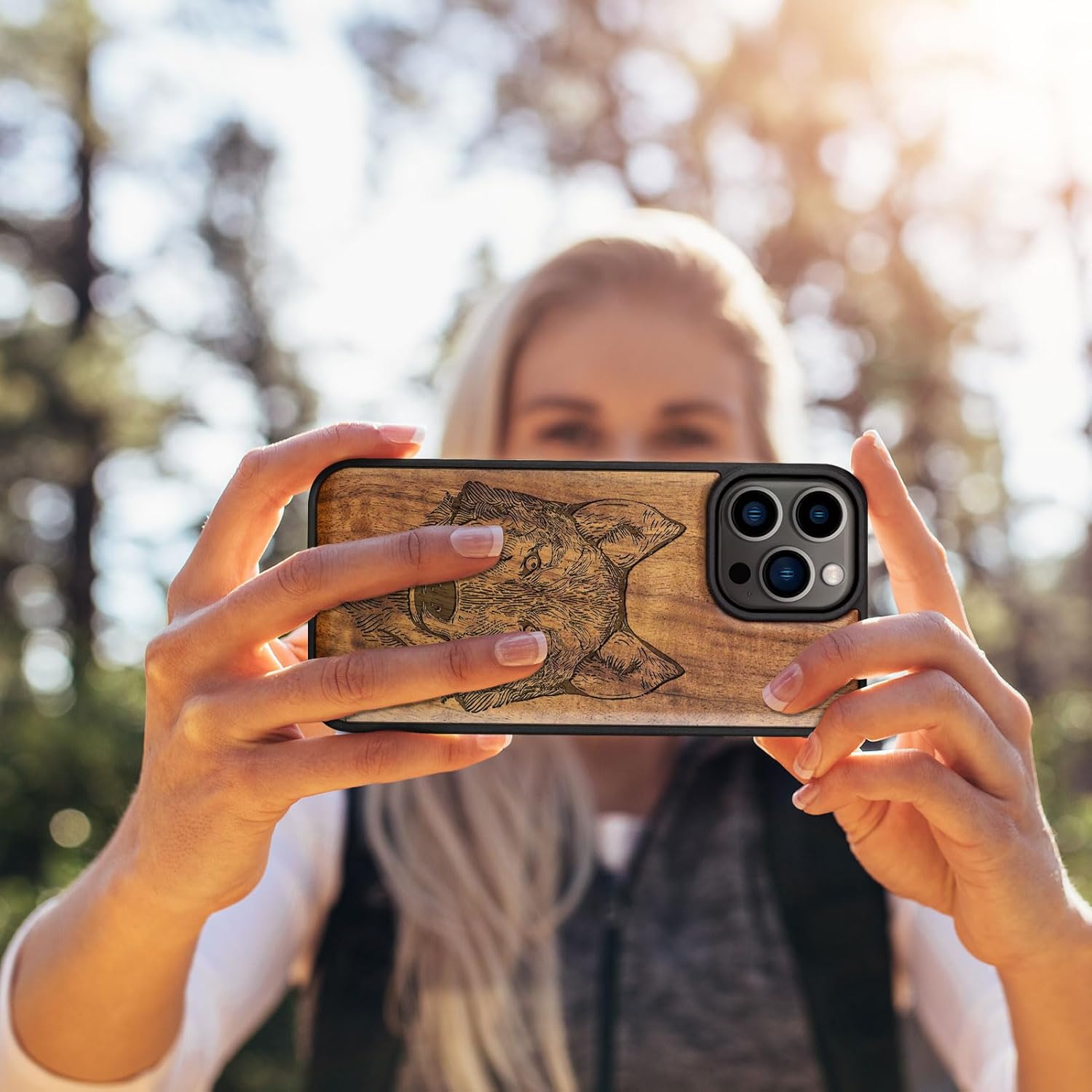 Carveit Magnetic Wooden Case for iPhone 15 Pro Max Case, Compatible with MagSafe Wireless Chargers, Black Soft TPU Shockproof Cover & Wood Artisan Engraved (Wolf Head) - Walnut