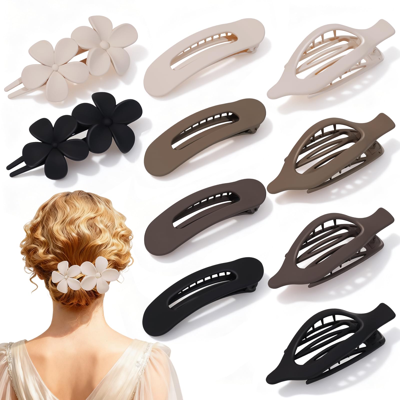 View 1 of 10 Pcs Flat Hair Clips for Women, 3 Styles Matte No Bump Claw Clips for Driving & Lying Down, French Rectangle Hair Barrettes & Flower Pins, Strong Hold Non-Slip Hair Accessories for Thick Thin Hair