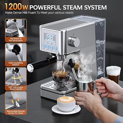 Miniatura 5 de Máquina de café expreso, máquina compacta de café expreso inoxidable de 20 bares, con espumador de leche, tanque de agua extraíble de 57.5 onzas,