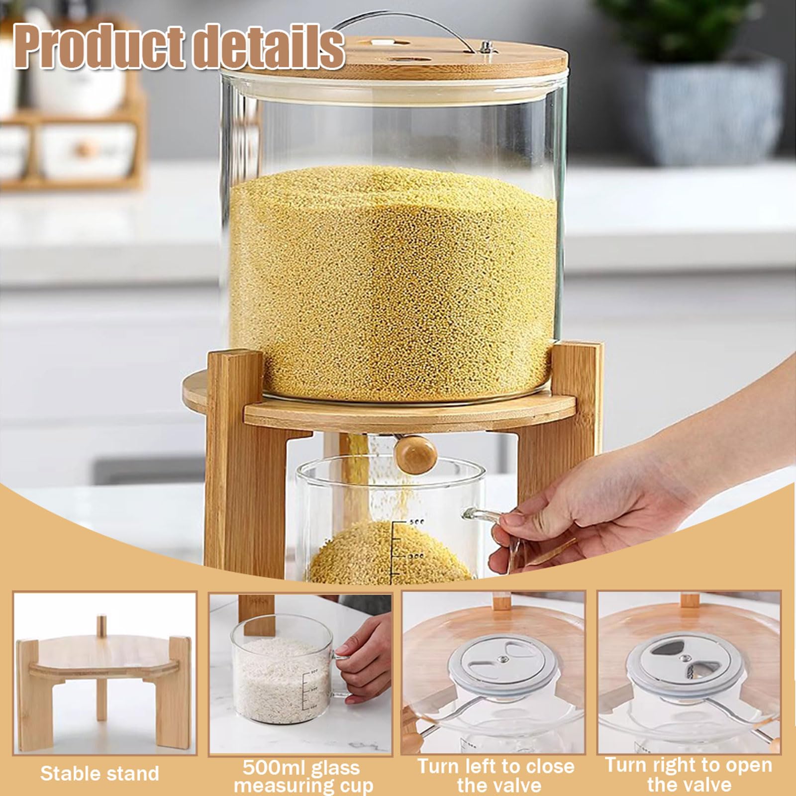 Distributeur de Riz, 5/7.5L, Distributeurs de Céréales avec Tasse à Mesurer de 500ml et Couvercle Hermétique, Récipient de Stockage de Riz Cuisine pour Garder Au Sec (5L)