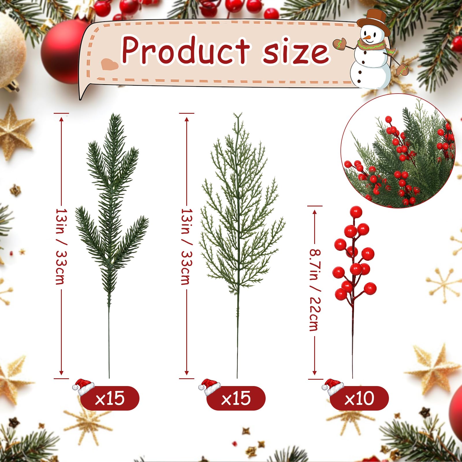 Tannenzweige Künstliche wie Echt Weihnachten, Tannengrün Künstlich Rote Beeren Weihnachten Deko, 40 Stück Kunst Tannenzweige Holly Zweige mit Beeren für Adventskranz Deko Basteln Winterdeko