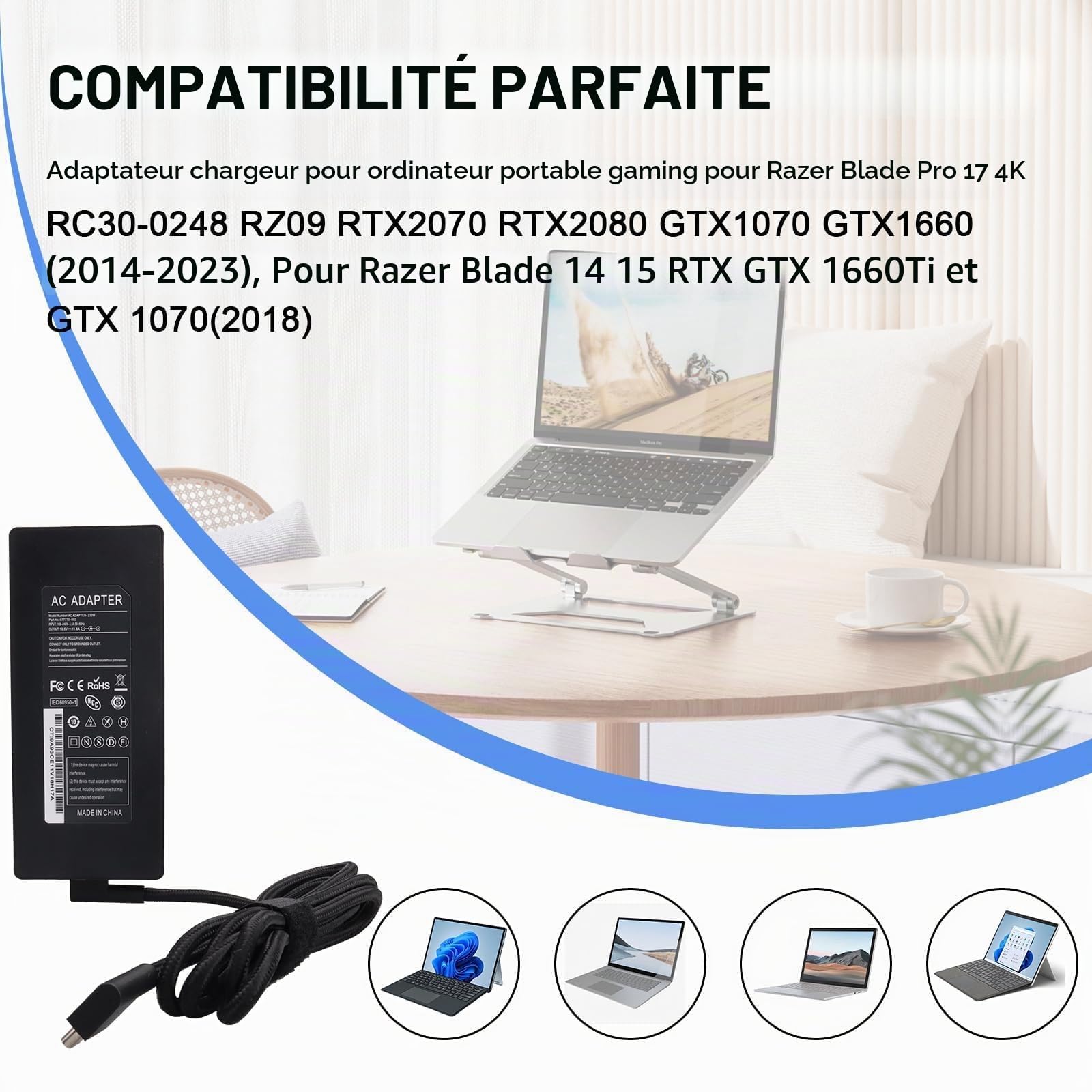 Chargeur et Adaptateur Secteur MXJFYY 230 W pour Ordinateur Portable Gaming Razer Blade Pro 17 4K RC30-0248 RZ09 RTX2070 GTX1660 (2014-2023), pour Razer Blade 14 15 RTX GTX 1660Ti et GTX 1070 (2018)