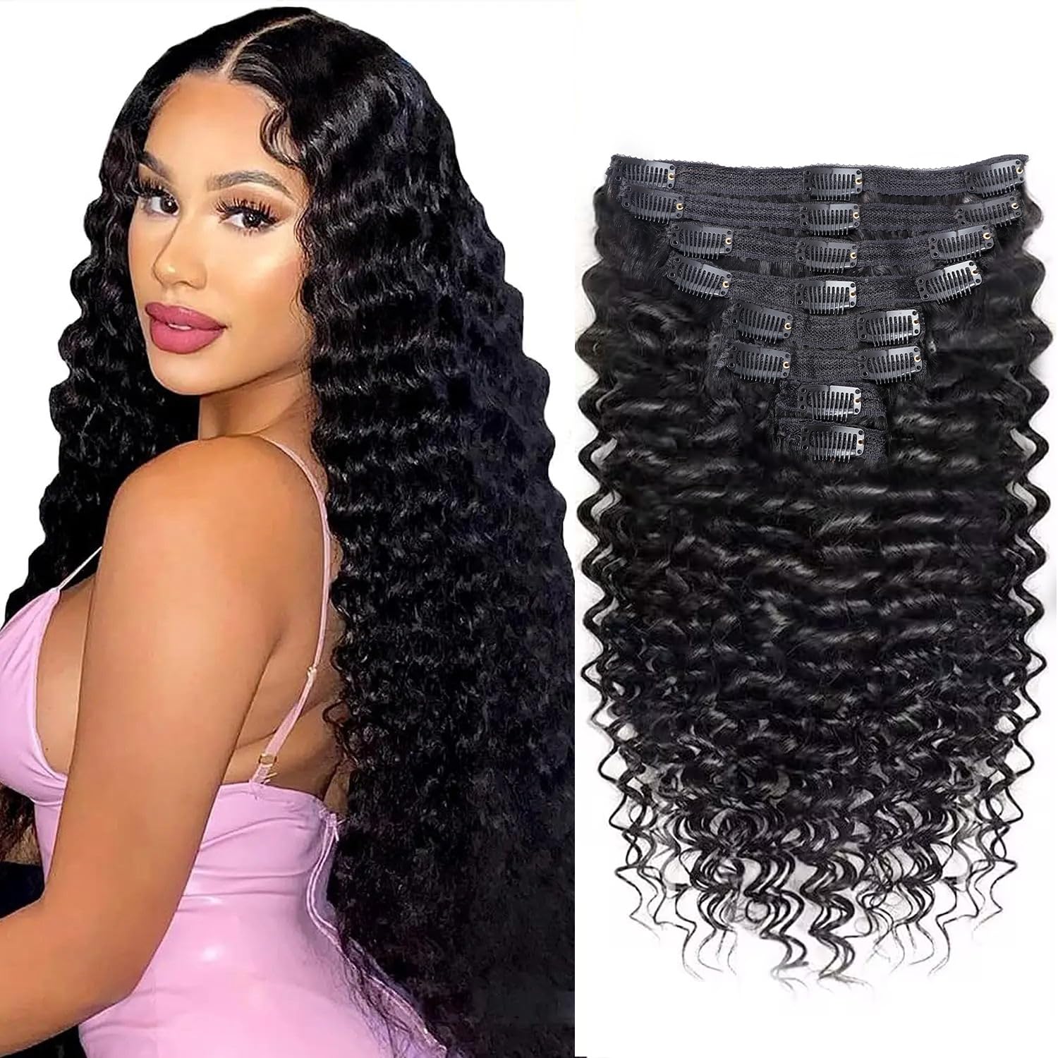 Deep Wave Clip in Hair Extensions Human Hair for Black Women – 8Pcs 18Clips Double Weft Brazilian Remy Human Hair Deep Wave Clip in Extensions Thick to Ends 120G/4.2oz Natural Black(22inch)