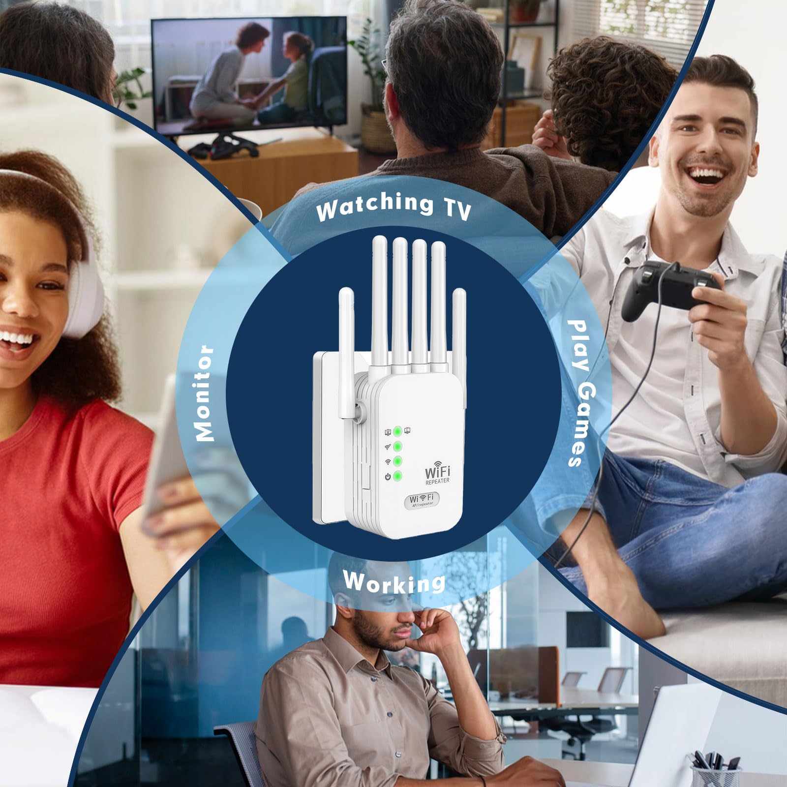 Repetidor WiFi para el hogar, cobertura de 9.800 pies cuadrados, modo repetidor/AP, 6 antenas, puerto Ethernet, WPA2, soporta más de 150 dispositivos, color blanco