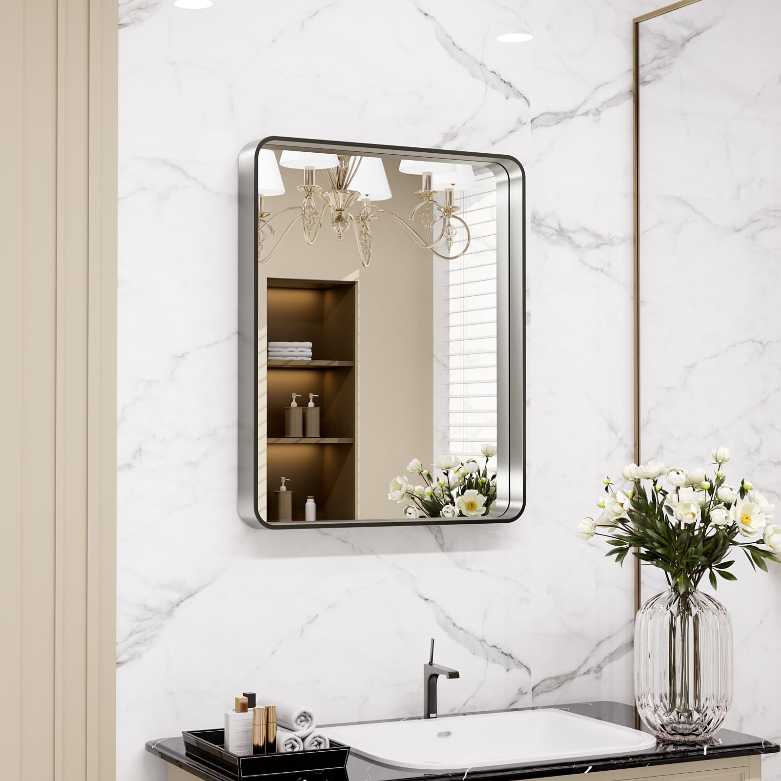 LOAAO Black Metal Framed Bathroom Mirror for Wall, 22X30 Inch Rounded Rectangle Mirror, Matte Black Bathroom Vanity Mirror Farmhouse, Anti-Rust, Hangs Horizontally or Vertically — view 64