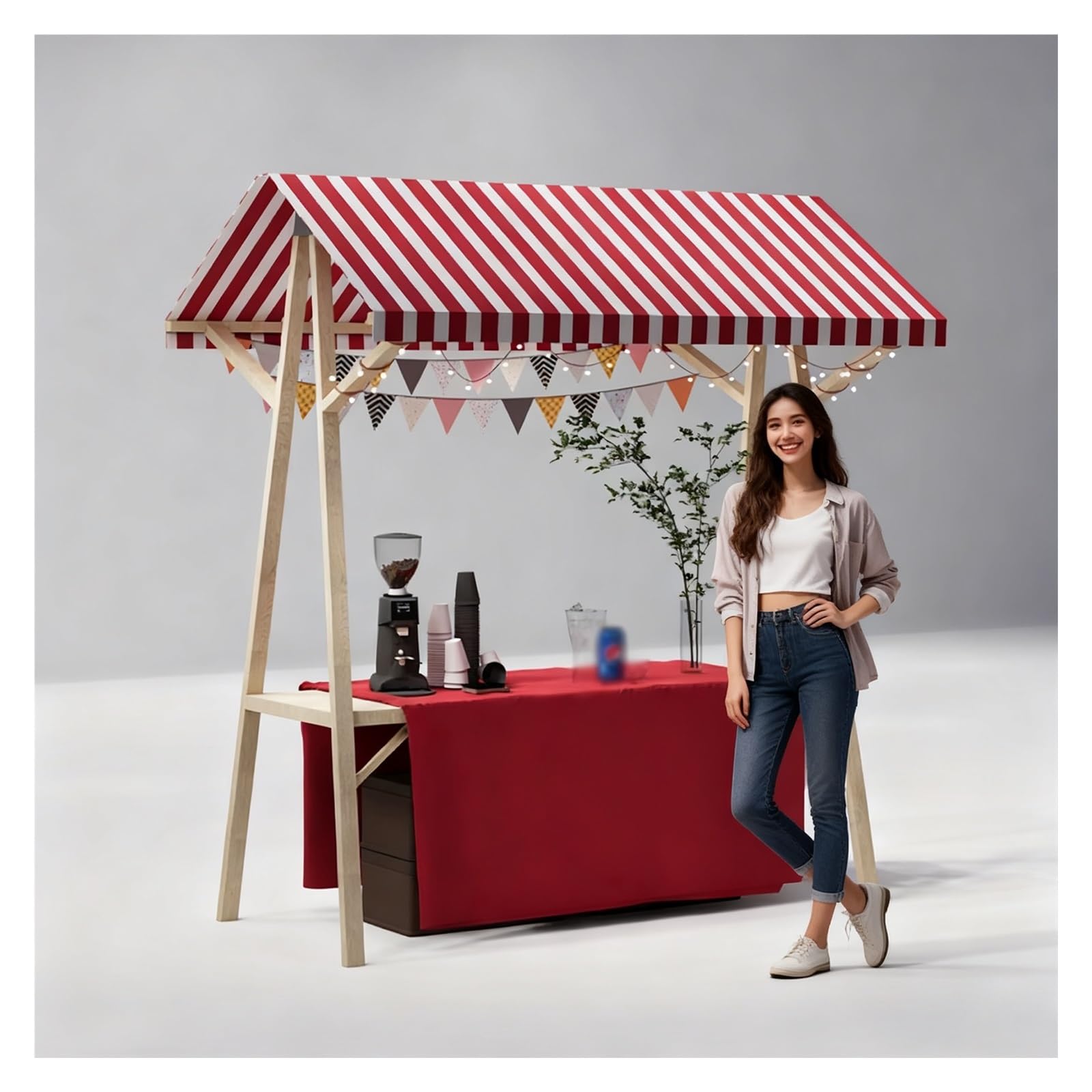 Carrello portatile per alimenti con tettoia, resistente supporto mobile con ruote, espositore commerciale in legno per la vendita di snack e dolci