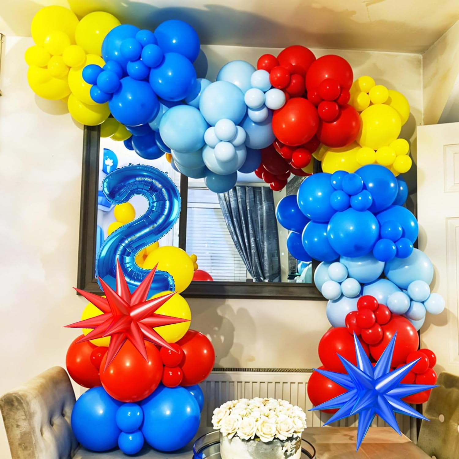 Red Yellow Blue Balloon Garland Arch Kit with Navy Blue 40 Inch Number 2 Balloon, 2nd Birthday Decorations for Boy with Star Foil Balloons for 2 Year Old Theme Party Baby Shower Graduation - Image 6