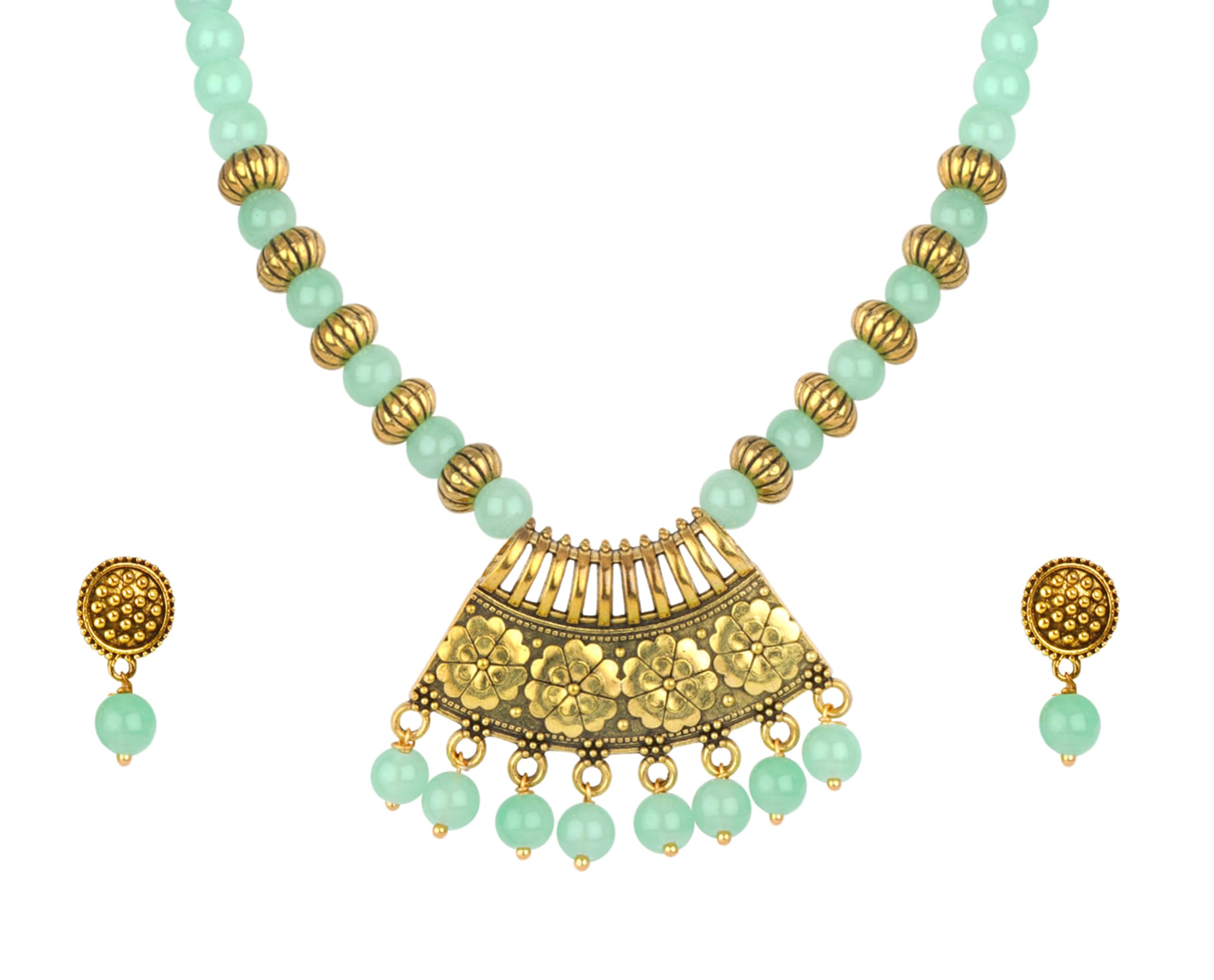 JFL - Jewellery for Less Stylish Gold Plated Antique Semi-Circle Pendant Beaded Tribal Necklace Set for Women and Girls (Mint Green),Valentine (B09KGSMY8K) Amazon Price History, Amazon Price Tracker