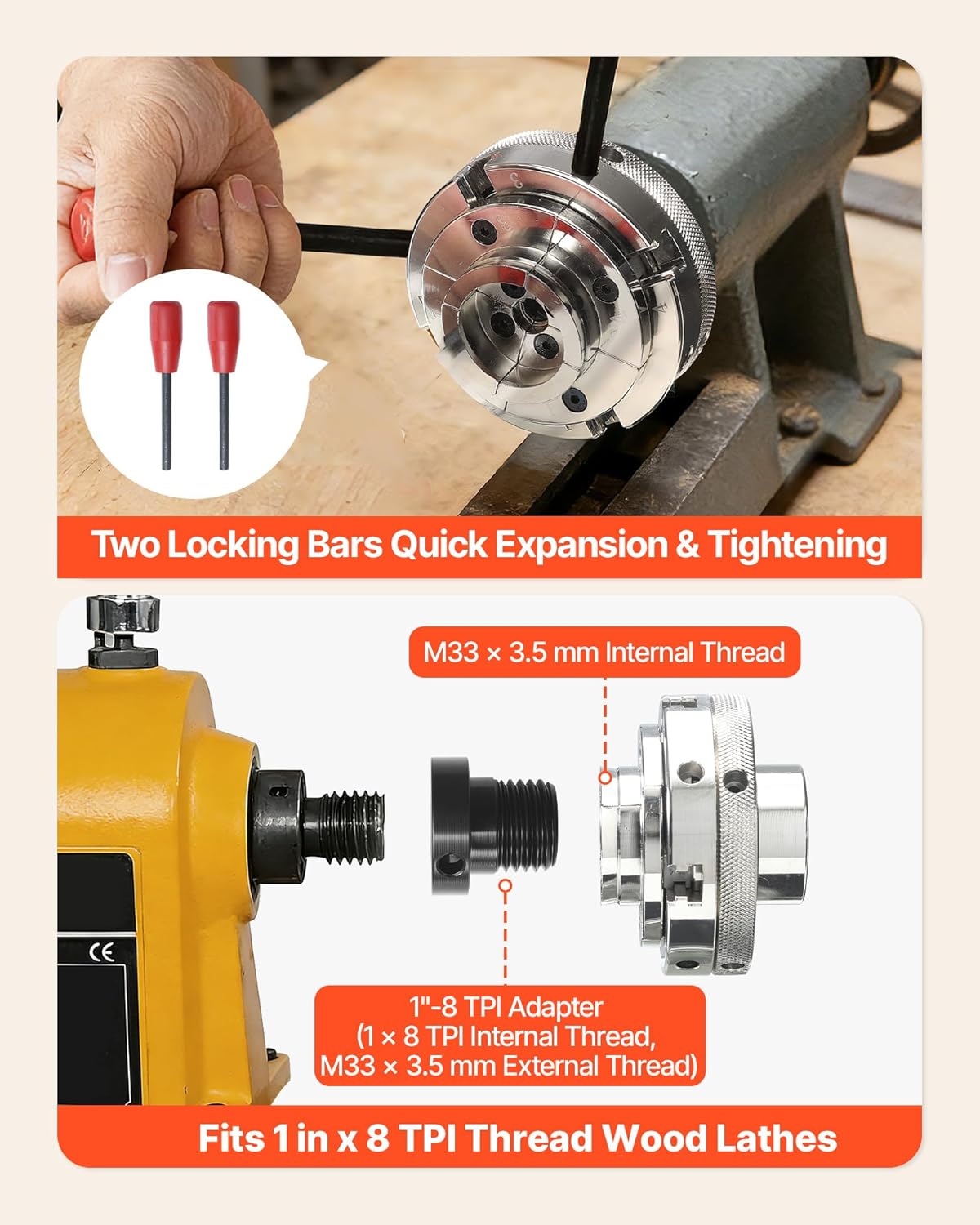 VEVOR 4 Inch Wood Lathe Chuck, 4-Jaw, Self-Centering Wood Turning Chuck Set with 1" x 8TPI Thread & Adapter, 4 PCS Round/Jaws/Pin Jaws, Case, Nickel-Plated, High-Hardness Steel, for Woodworking Lathe