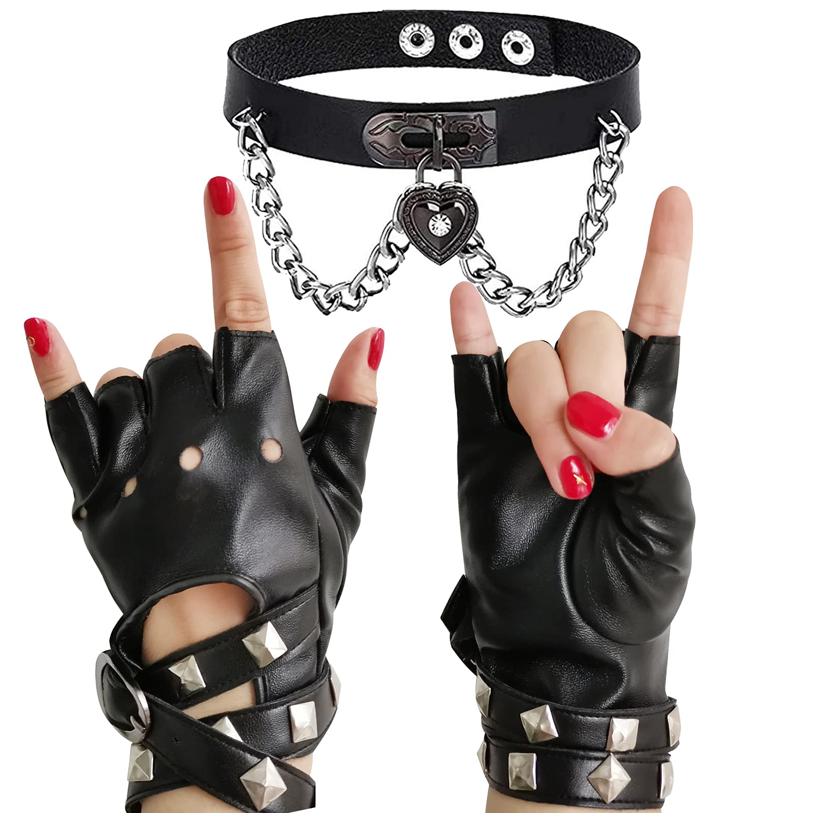 BOMJJOR Women Fingerless Gloves Choker Rivet PU Leather Gloves and Punk Rock Necklace Set
