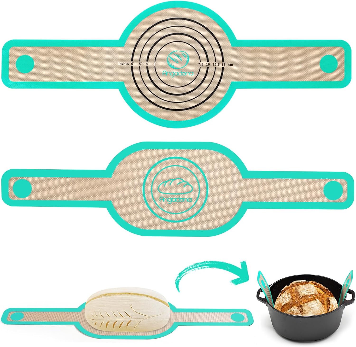 Silicone Bread Sling Oval and Round - Non-Stick & Easy Clean Reusable Oval Silicone Baking Mat for dutch oven. With Long Handles Sourdough Bread Baking mat tools supplier Liner, 2 aqua sky set.