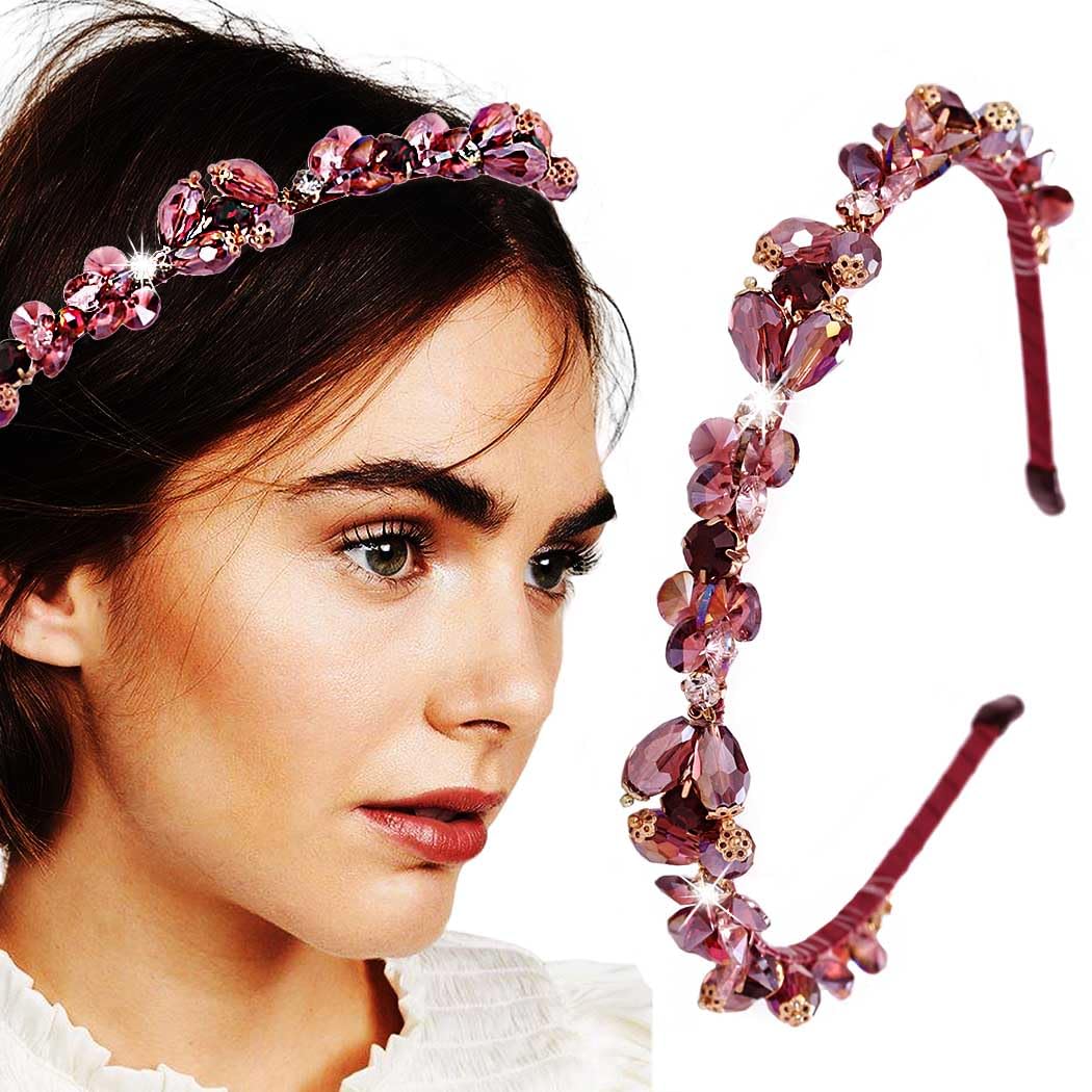 Baroque Rhinestones Headbands Purple Thin Hairband Bling Crystal Beaded Head Band for Women(Purple)