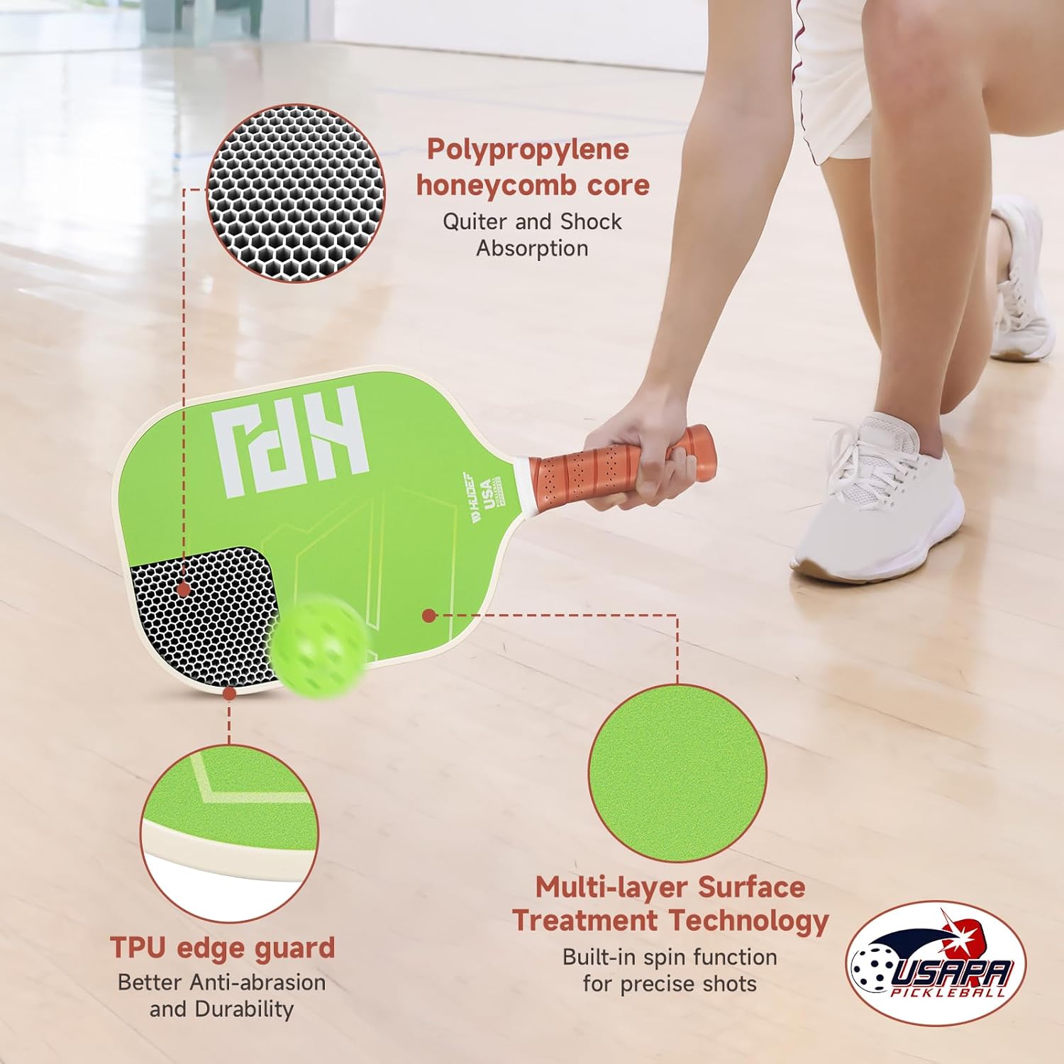 HUDEF USAPA Pickleball Paddles Set: Graphite & Fiberglass Honeycomb Core, 4 Outdoor Balls, PU Leather Carry Bag - Image 3