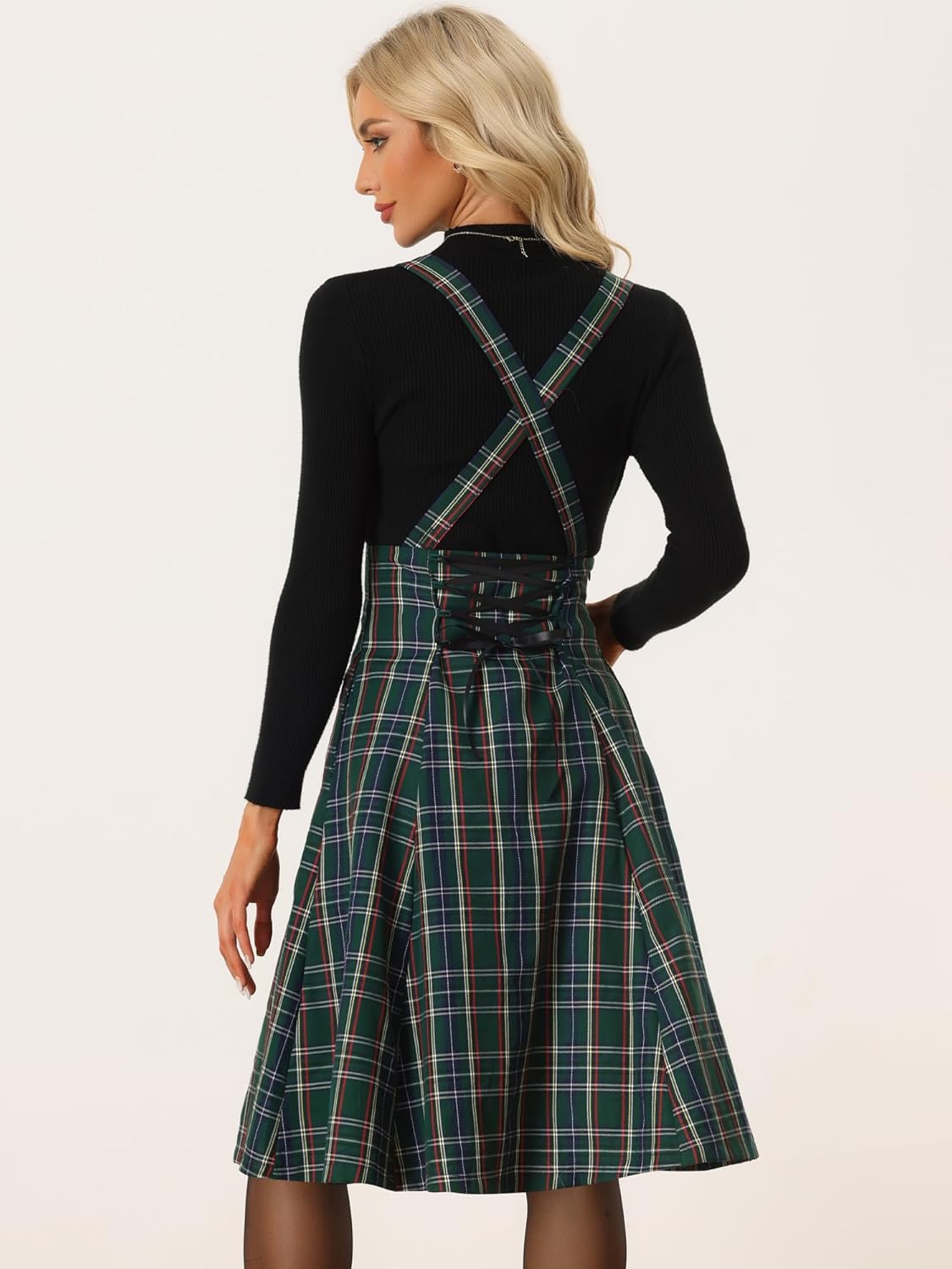 Allegra K Overall Plaid Dress for Women's Christmas Tartan Pinafore Suspender Skirt - Image 2