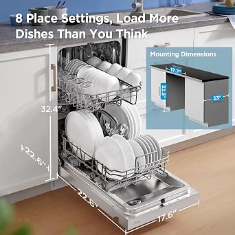 Midea 18 Inch Built-in Dishwasher, Slim Space-Saving Design with Stainless Steel Tub, 8 Place Settings & 6 Washing Programs, Energy Star Certified Dishwasher with Heated Dry & High-Temp Wash, White
