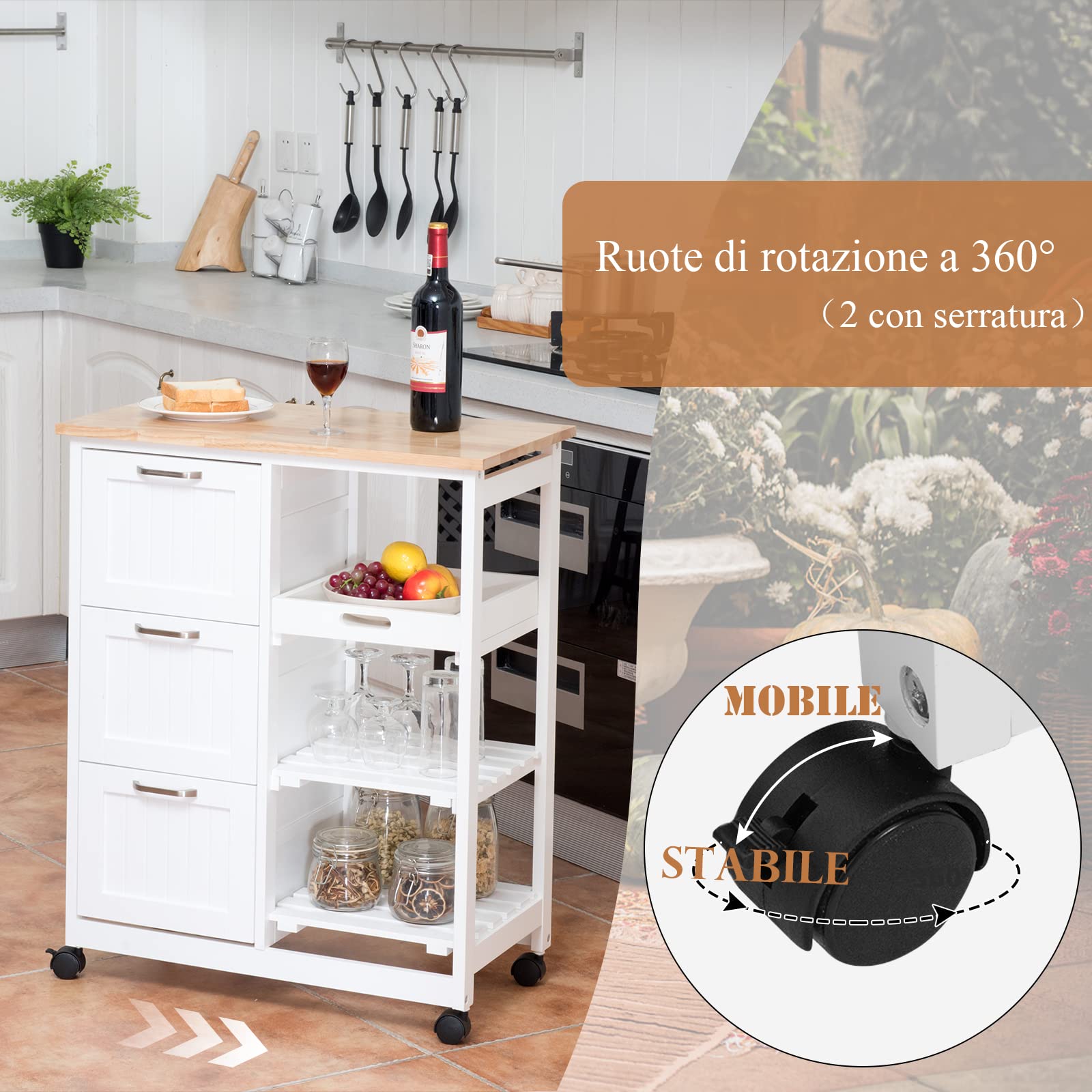 RELAX4LIFE Carrello da Cucina con Ruote Girevoli, Credenza Portaoggetti in Legno Robusto con 3 Cassetti e 3 Ripiani, Carrello di Servizio Pratico e Salvaspazio per Sala da Pranzo (Bianco)
