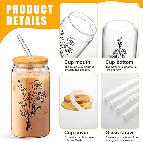 Miniatura 10 de Juego de 4 tazas de vidrio de café helado floral de 16 onzas con forma de lata con tapas de bambú y pajitas de vidrio estético para mujeres regalos