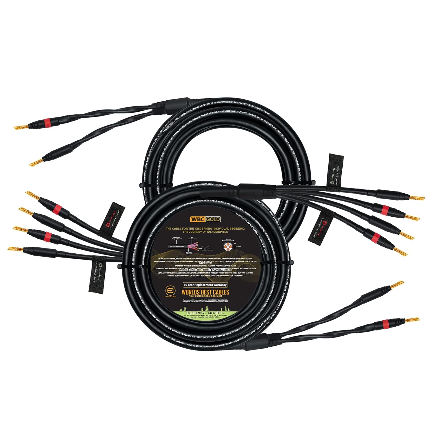 WORLDS BEST CABLES 30 Foot WBC-GOLD-LOCAP-SPKR-12 AWG - Low-Capacitance - Low-Inductance - High Purity OFC - Audiophile HiFi Bi-Wire Speaker Cable Pair with Eminence Gold Banana Plugs