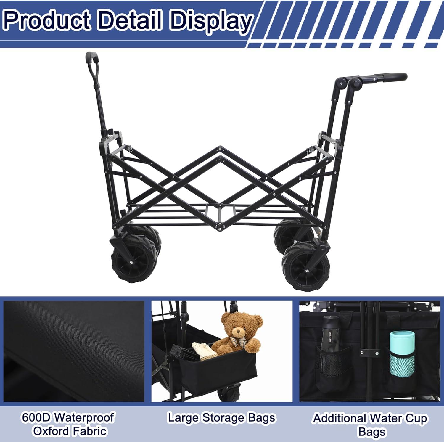 Collapsible Wagon Cart with Canopy, Heavy Duty Folding Tools Utility Cart with Wheels for Outdoor Camping, Black