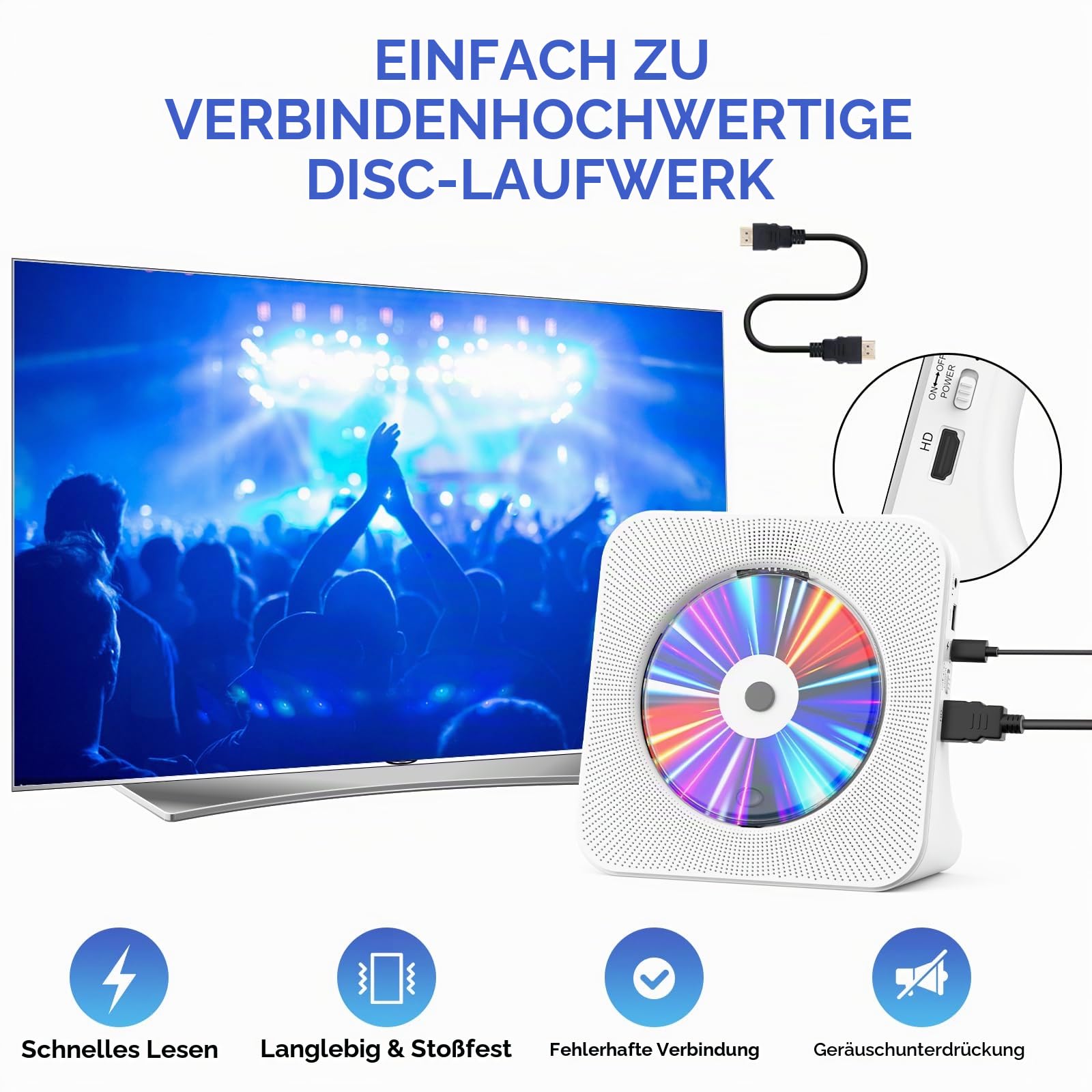Gueray DVD Player HDMI CD Player Bluetooth mit Lautsprecher Unterstützt Fernbedienung Anzeige FM Radio mit CD Player USB- Kartenwiedergabe 3,5 mm AUX Wecker Kopfhöreranschluss Staubschutzhülle Weiß