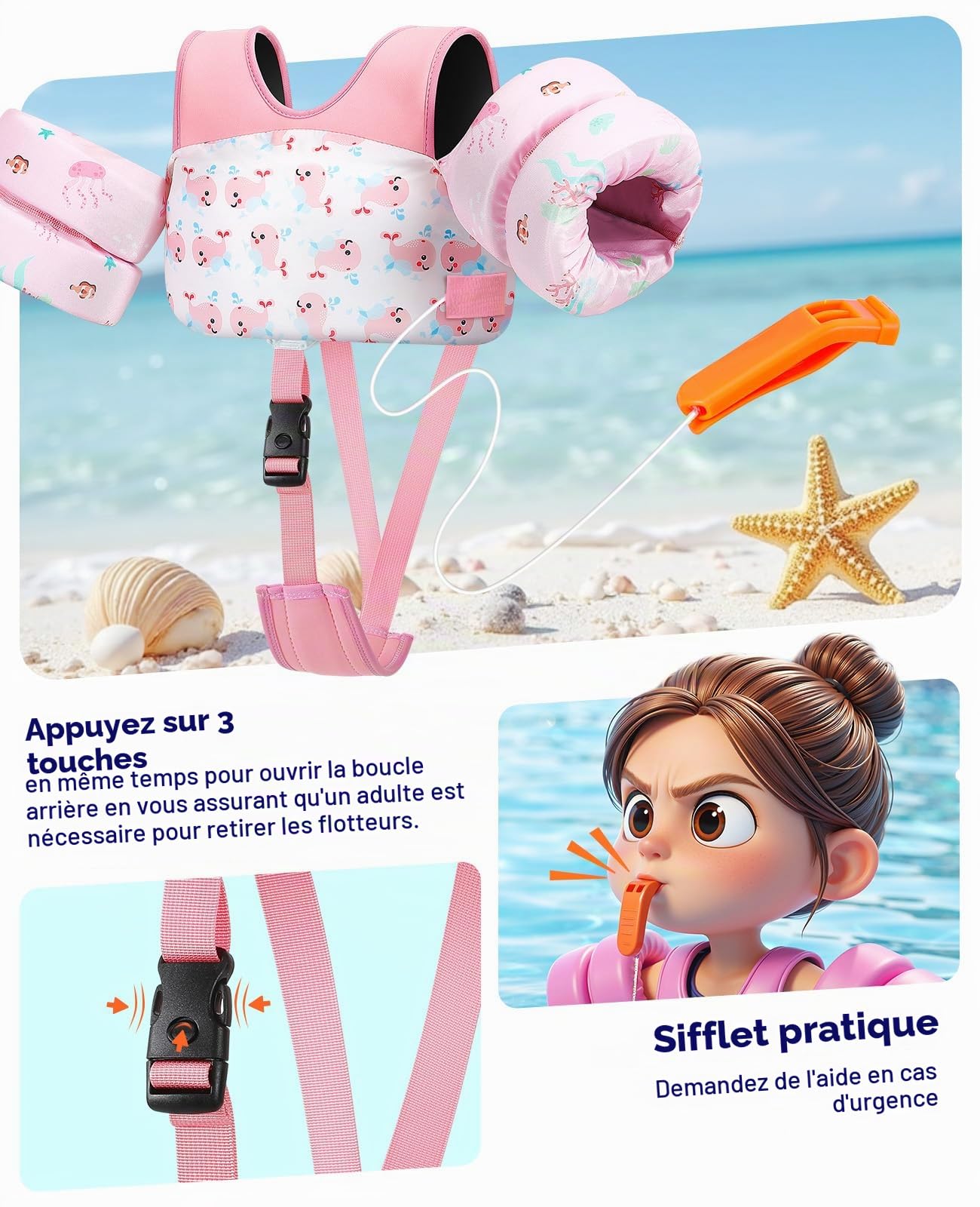 HeySplash Gilet de Natation, Gilet Natation avec Sangle Réglable pour Enfants de 13-30/22-44lbs, Brassard Apprendre à Nager Flotteur de Piscine pour Enfant de 2-6 Ans
