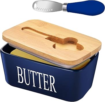 Large Butter Dish with Lid for Countertop Ceramic Butter Container with Knife Holder Spreader Double Silicone Seals Butte Keeper Rectangle Navy Blue